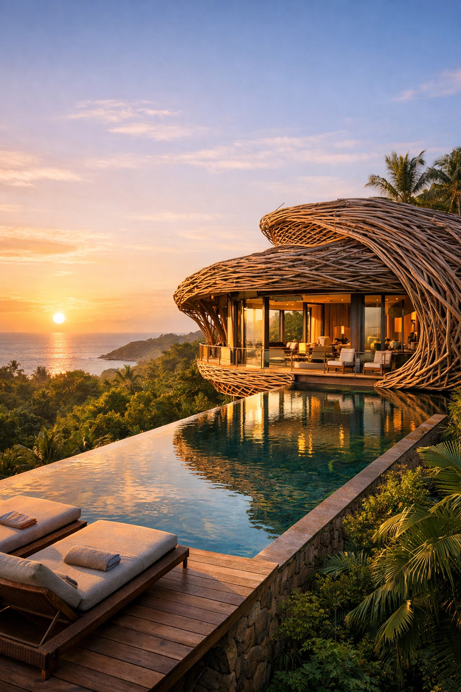 Luxury bird's nest villa with an infinity pool overlooking a tropical jungle canopy and the sea.