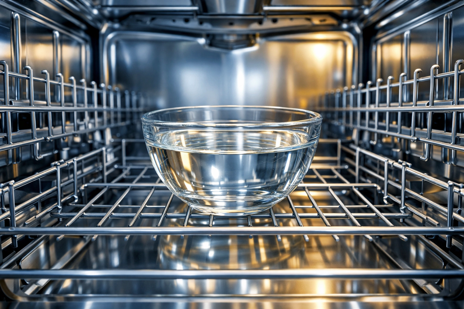 A bowl of white vinegar on the top rack of an empty dishwasher to remove odors and hard water build-up.