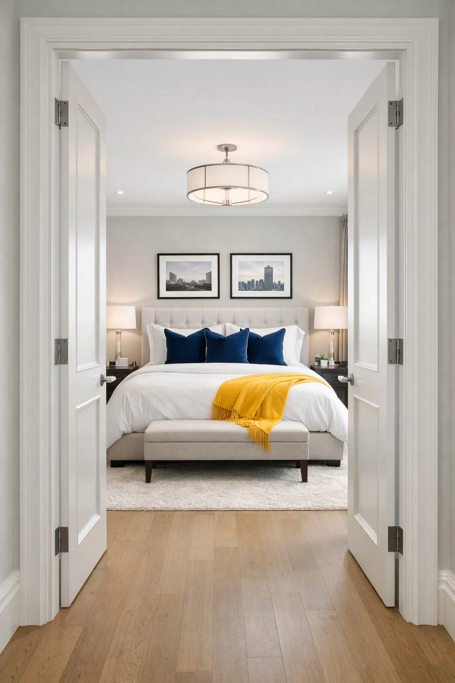Immaculately dusted luxury Boston apartment bedroom with clean white linens, ready for a September 1st move-in.
