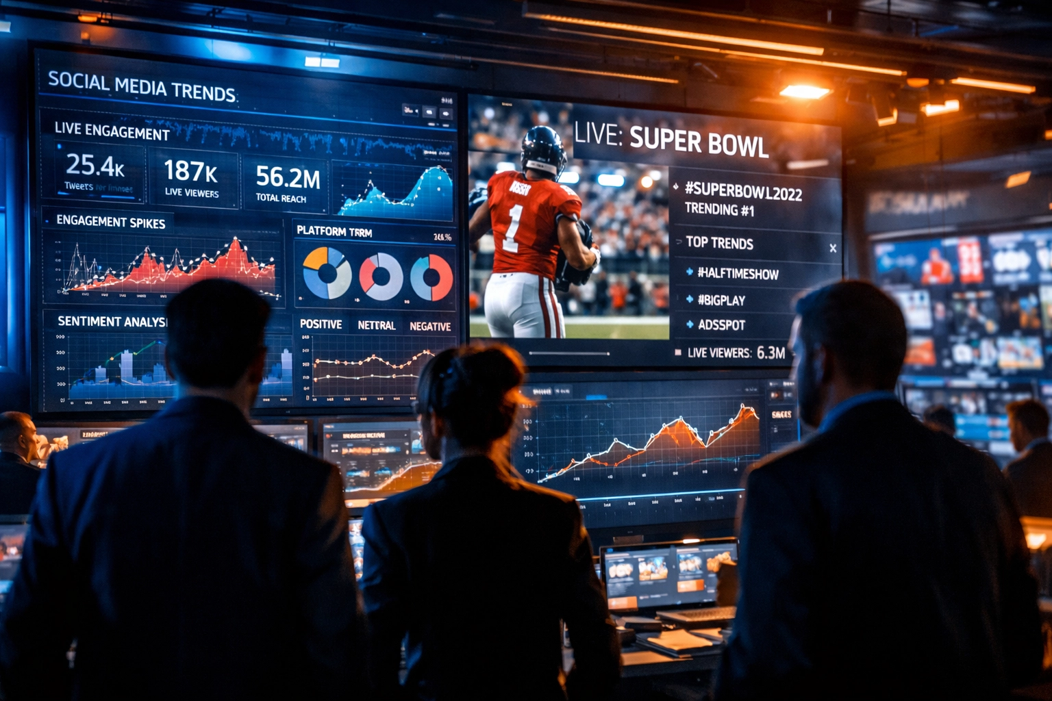 Marketing team monitoring Sports Media Inc. Super Bowl campaign analytics on digital screens