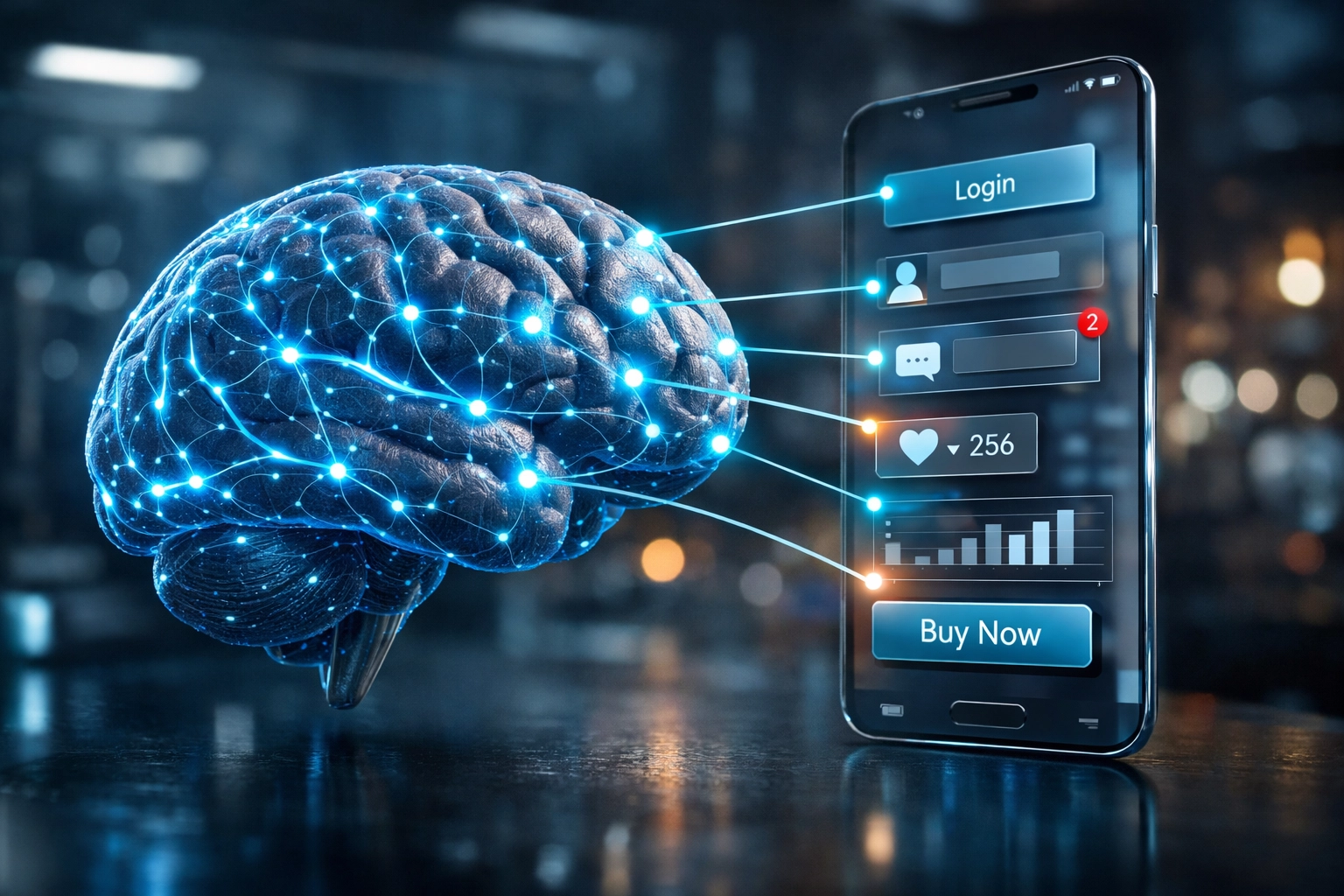 A human brain connecting to a smartphone screen illustrating the psychology of UX design and cognitive load.