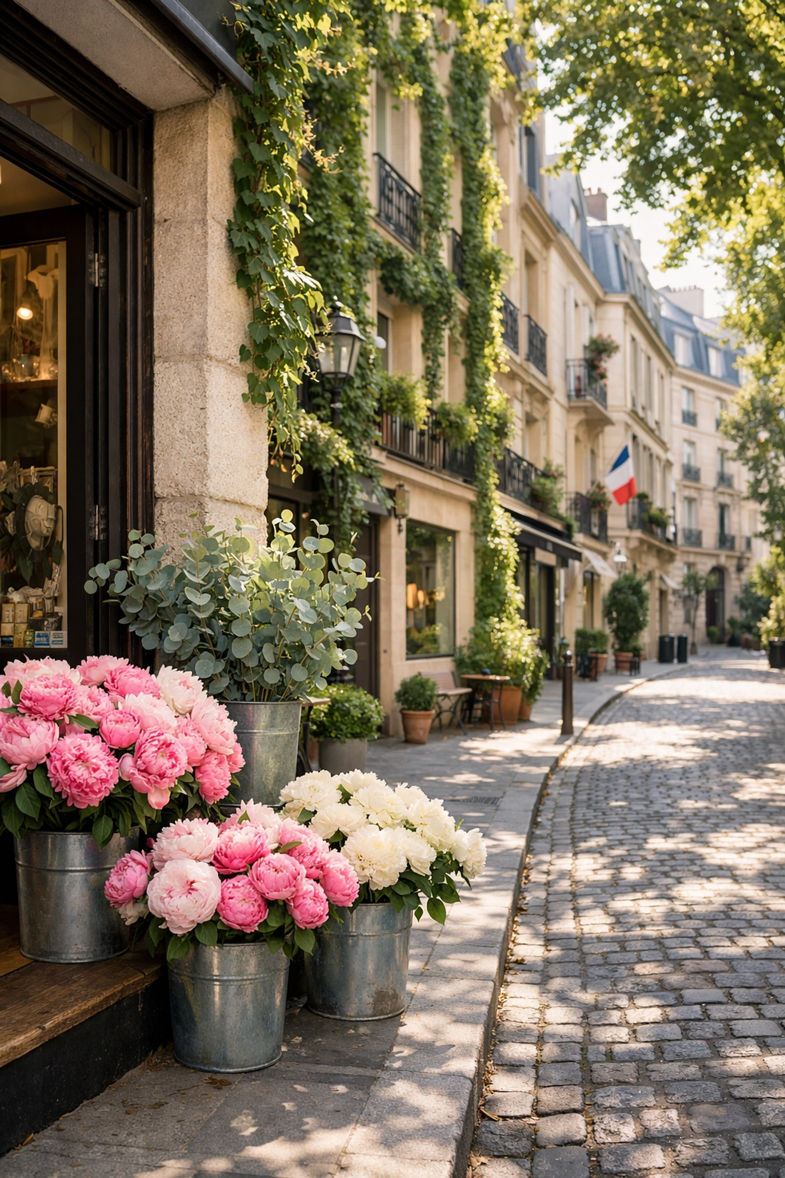 A quiet, ivy-lined street in the Paris 6th Arrondissement near a local boutique florist.