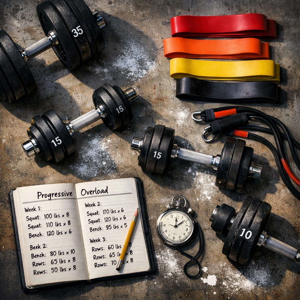 Home gym equipment including dumbbells, resistance bands, and workout journal for progressive training