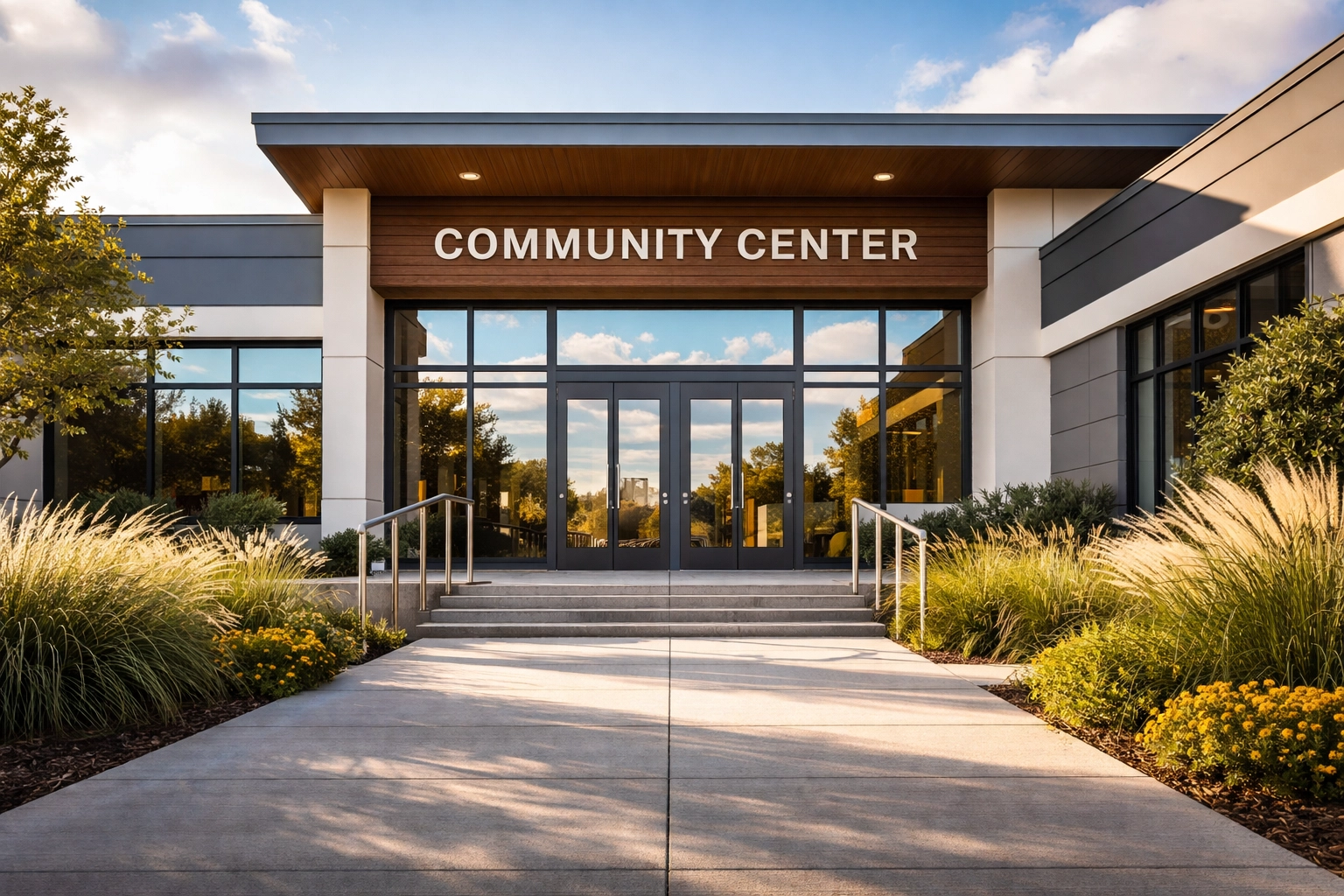 Entrance of a modern community center or library in Powell, reflecting community support and accessible resources for seniors.
