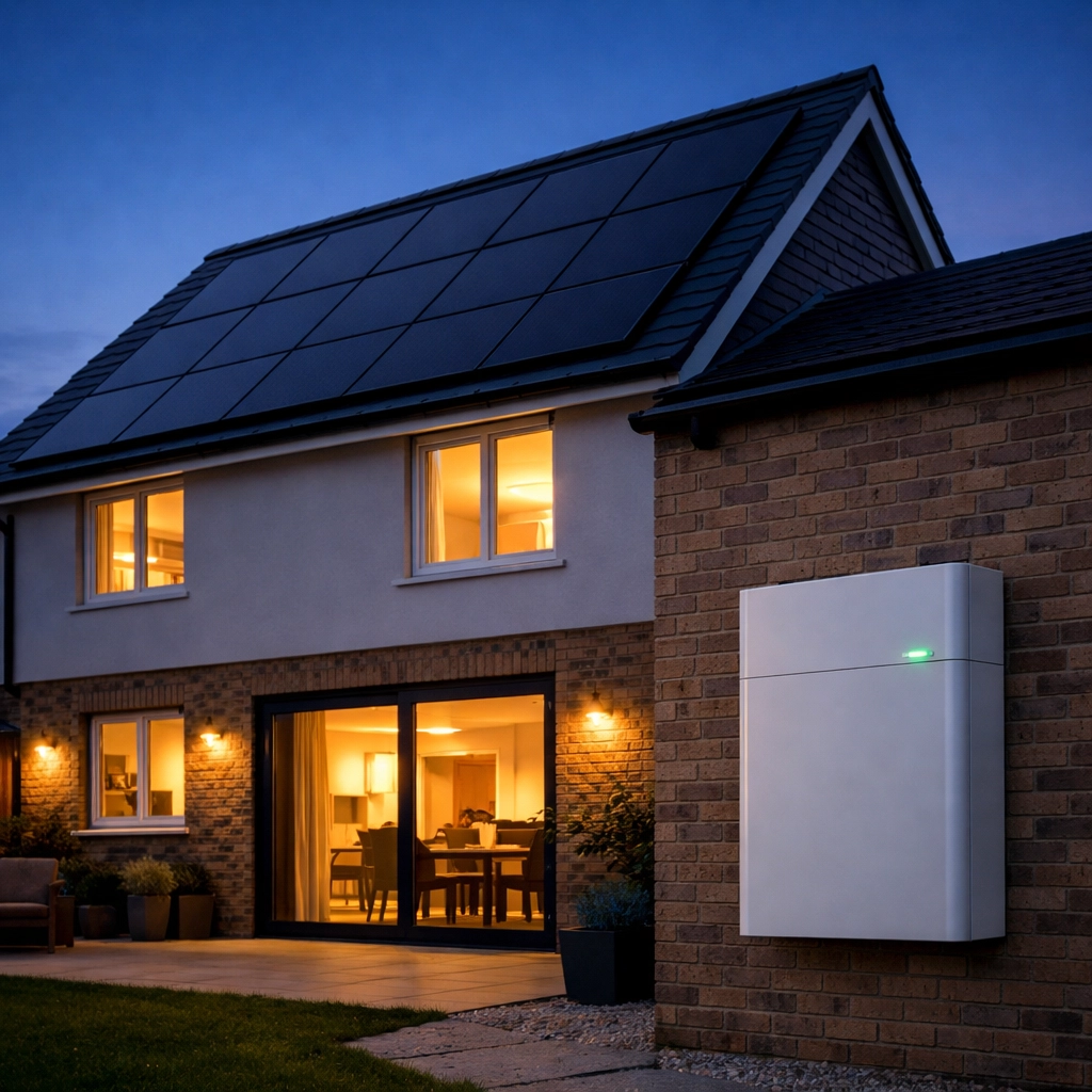Modern UK home at twilight with solar panels and a wall-mounted battery storage unit powering the house.
