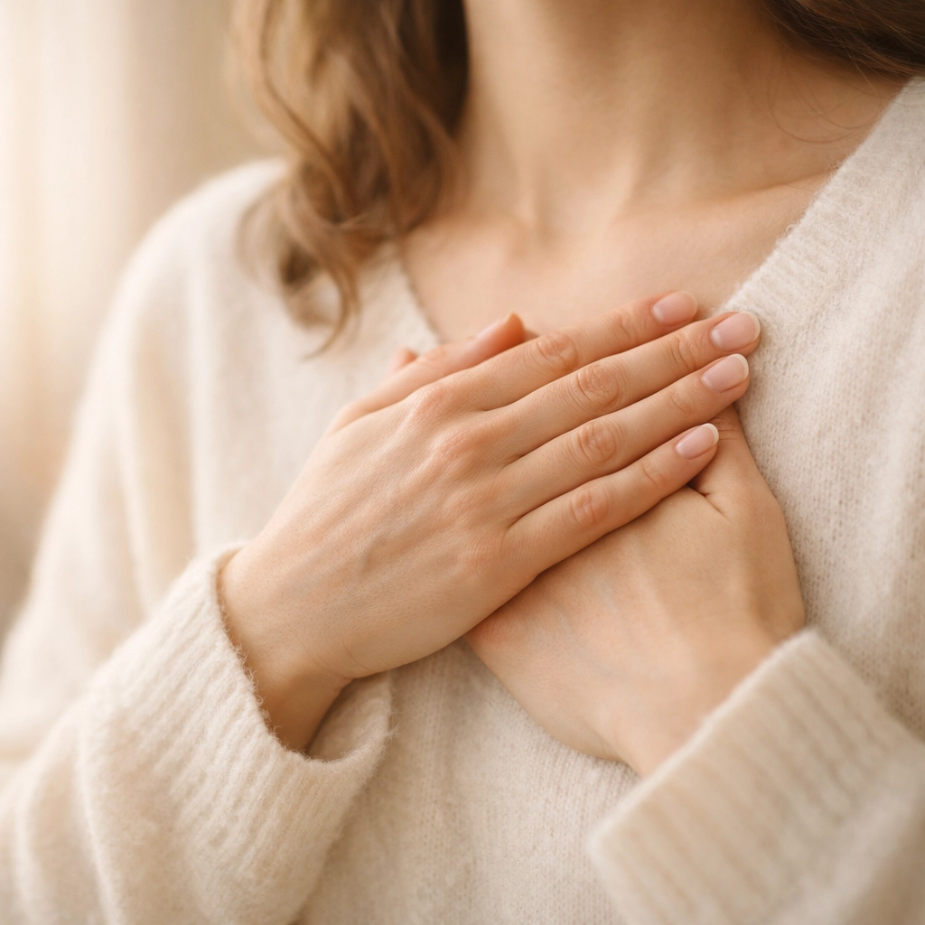 Woman practicing self-compassion with hands on heart to overcome people pleasing patterns