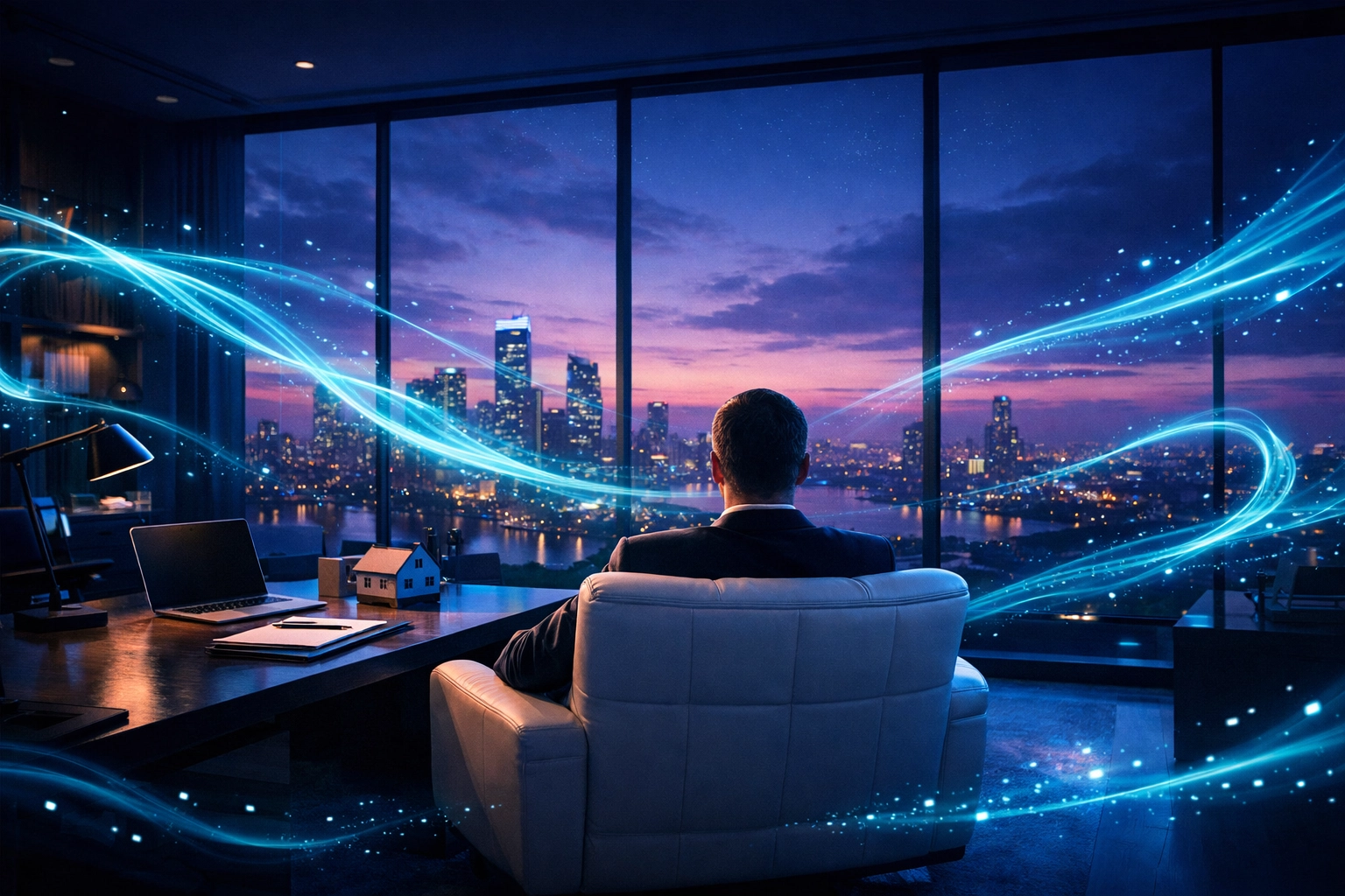 Real estate agent in a modern office with digital data representing seamless real estate workflow automation.