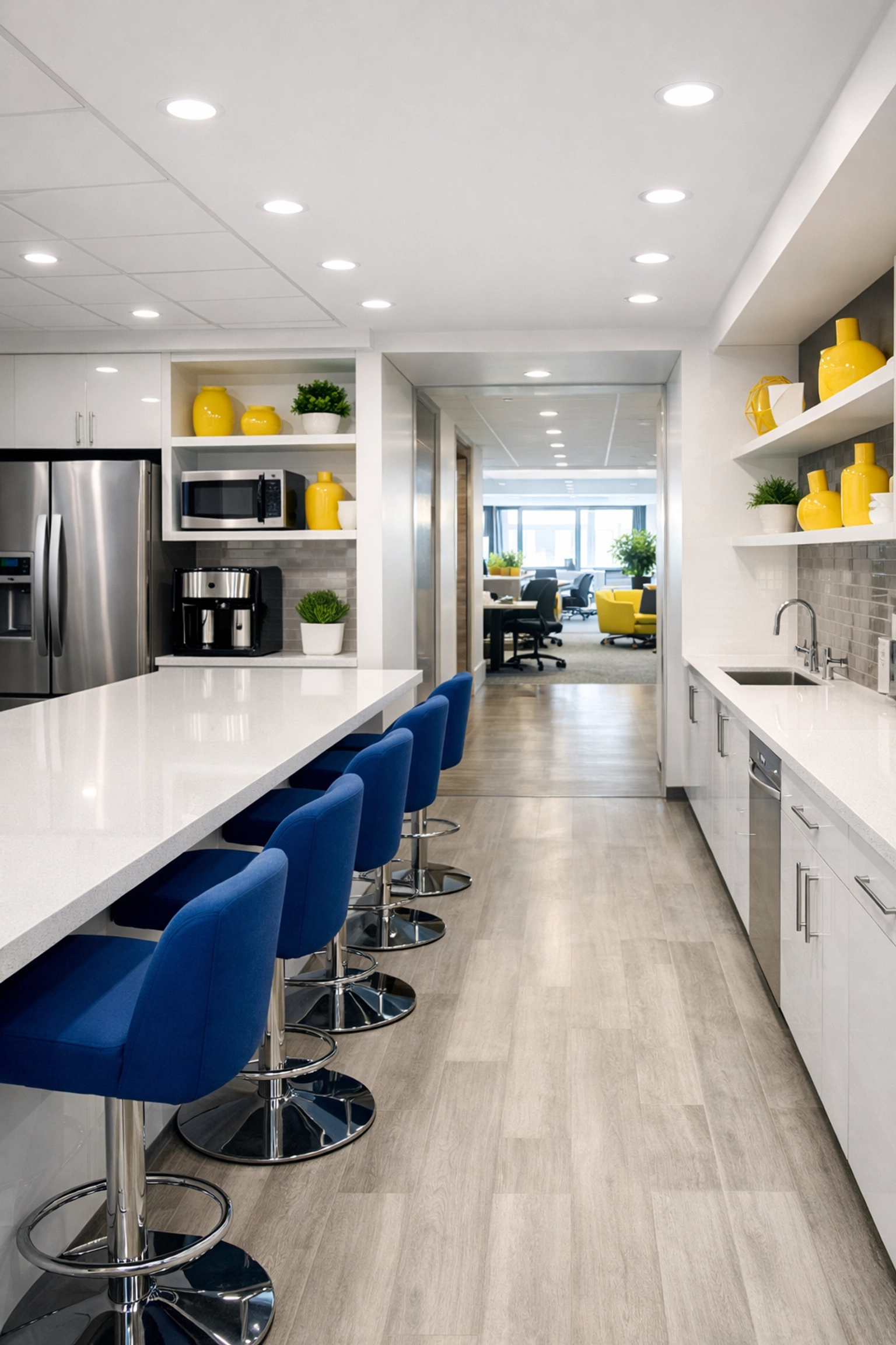 Sanitized corporate breakroom in Mansfield, MA, showing clean quartz countertops and organized common areas for employees.