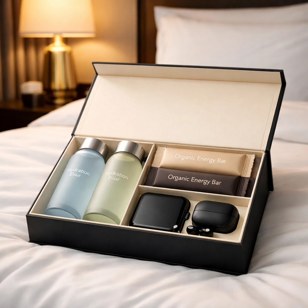 Sophisticated corporate guest welcome gift box with hydration and snacks on a luxury hotel bed.