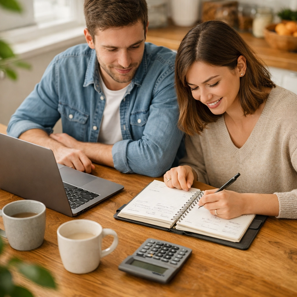Couple using a laptop and planner to manage their budget with installment loans in Canada.
