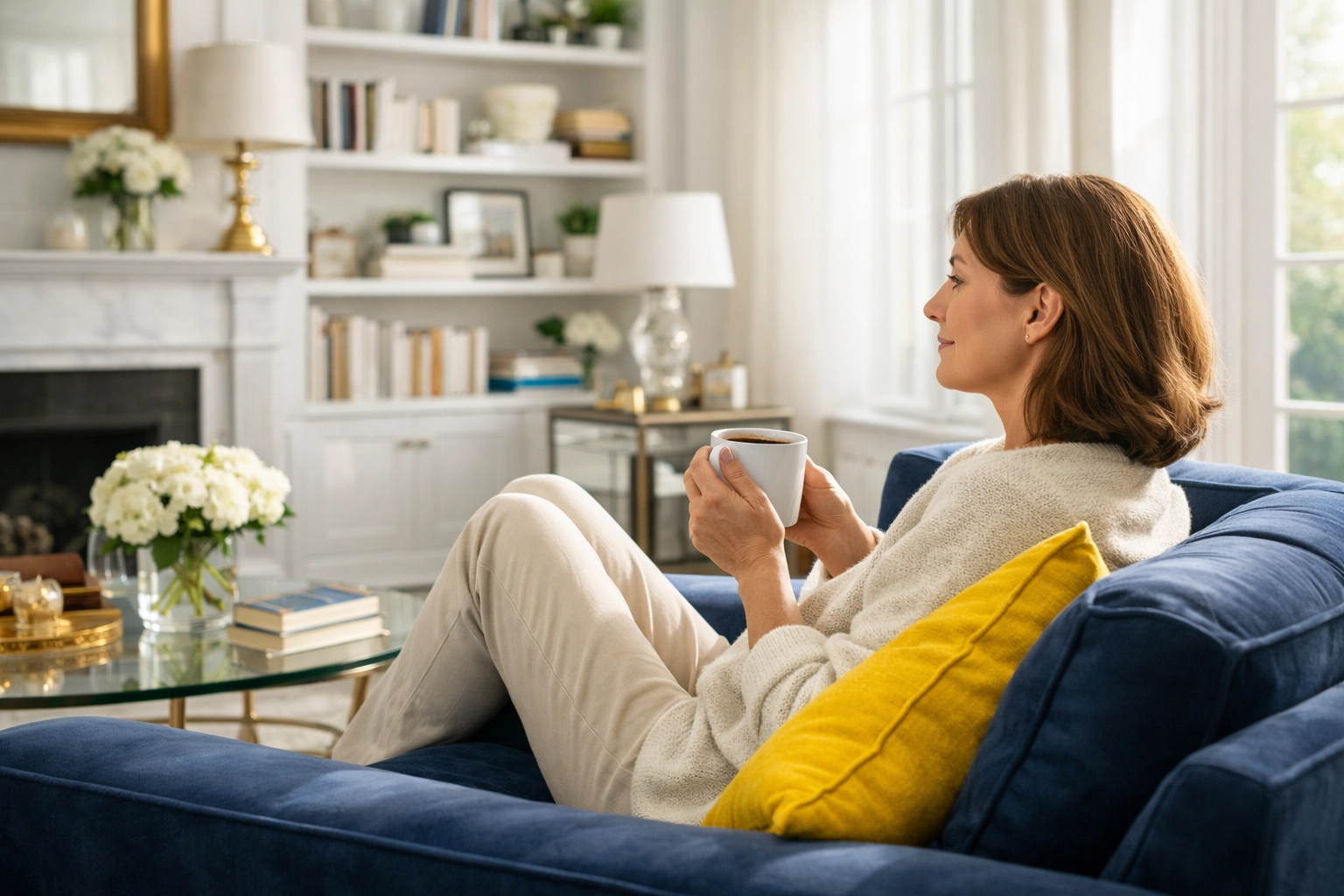 A happy Lowell homeowner enjoying a clean living room, thanks to professional cleaners in Lowell.