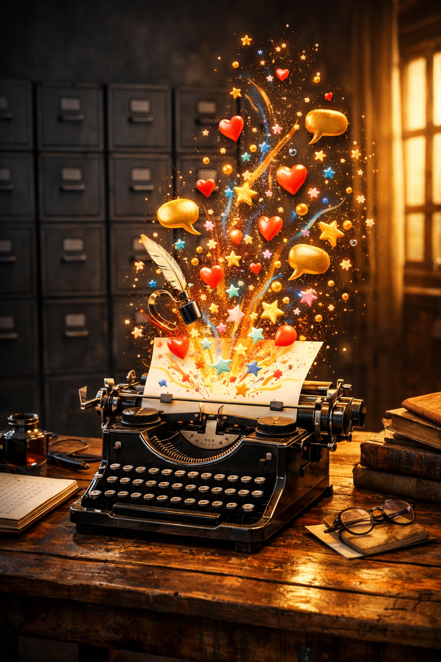 Authentic review responses blooming from a typewriter to improve local search rankings and customer trust.