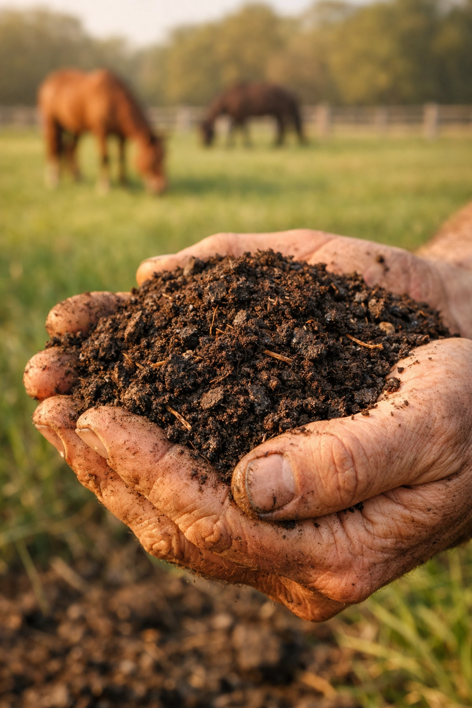 Healthy dark soil with organic matter from well-managed horse farm pasture