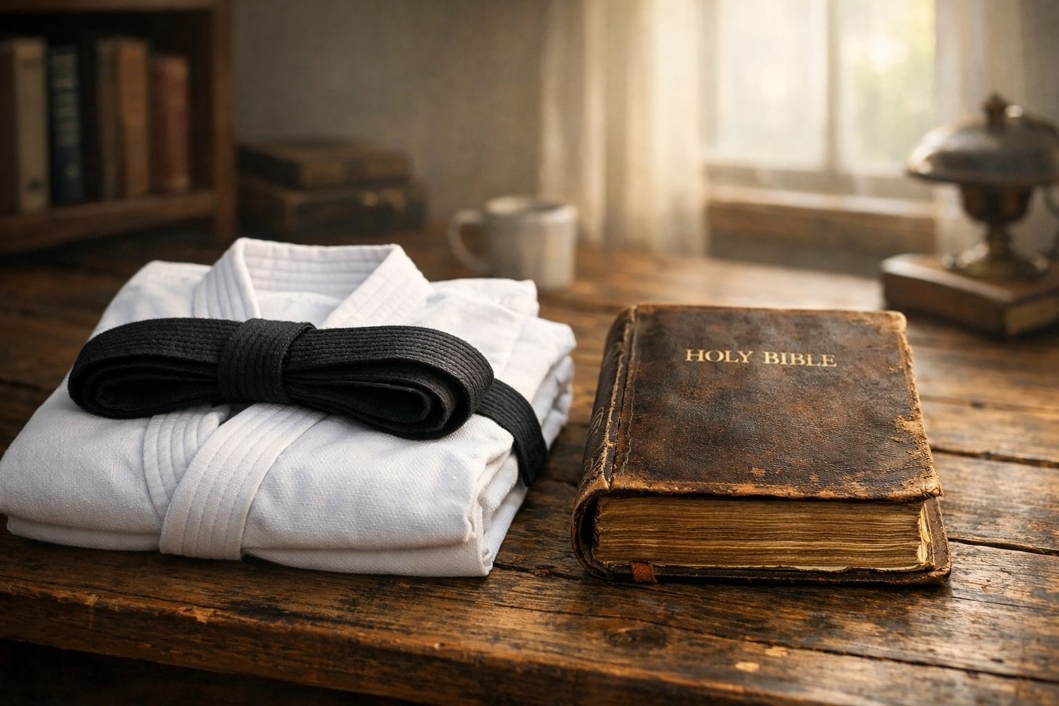 Martial arts gi and black belt beside a Bible, symbolizing Chuck Norris’s legacy of strength and faith.