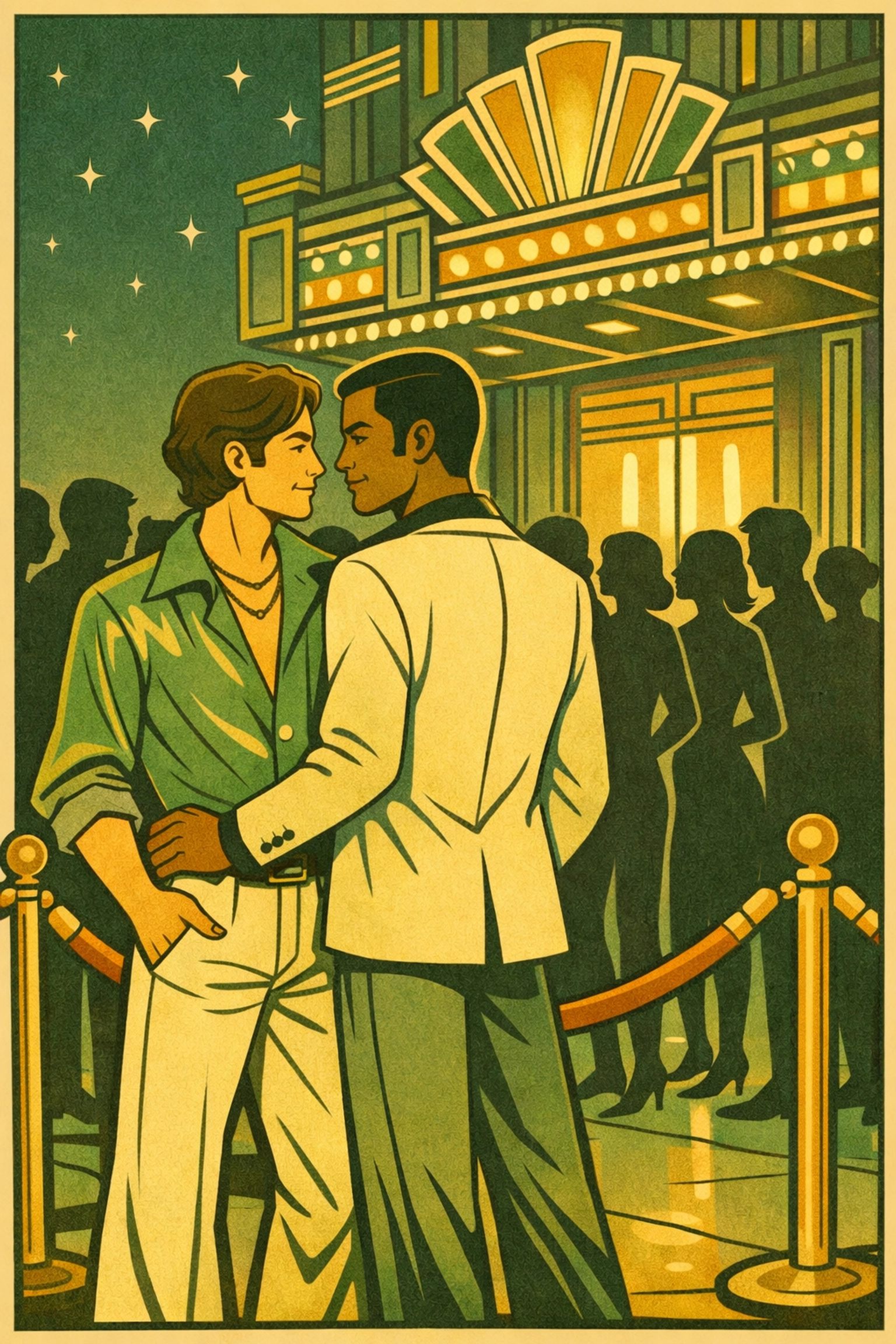 Gay couple at Studio 54 velvet rope entrance during legendary 1970s disco era nightclub scene