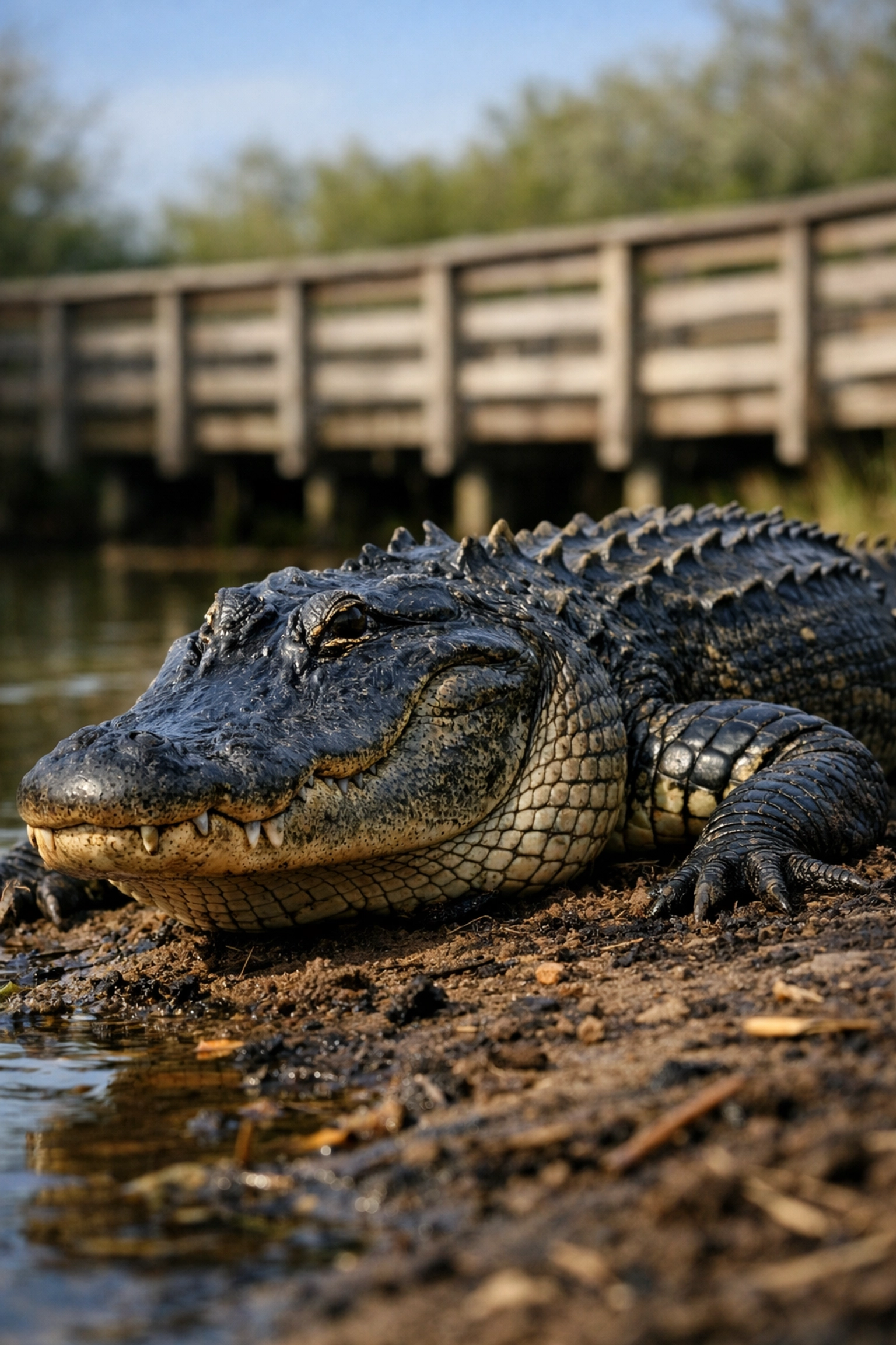 Close-up of an alligator in the Everglades taken from a low angle for professional wildlife shots.