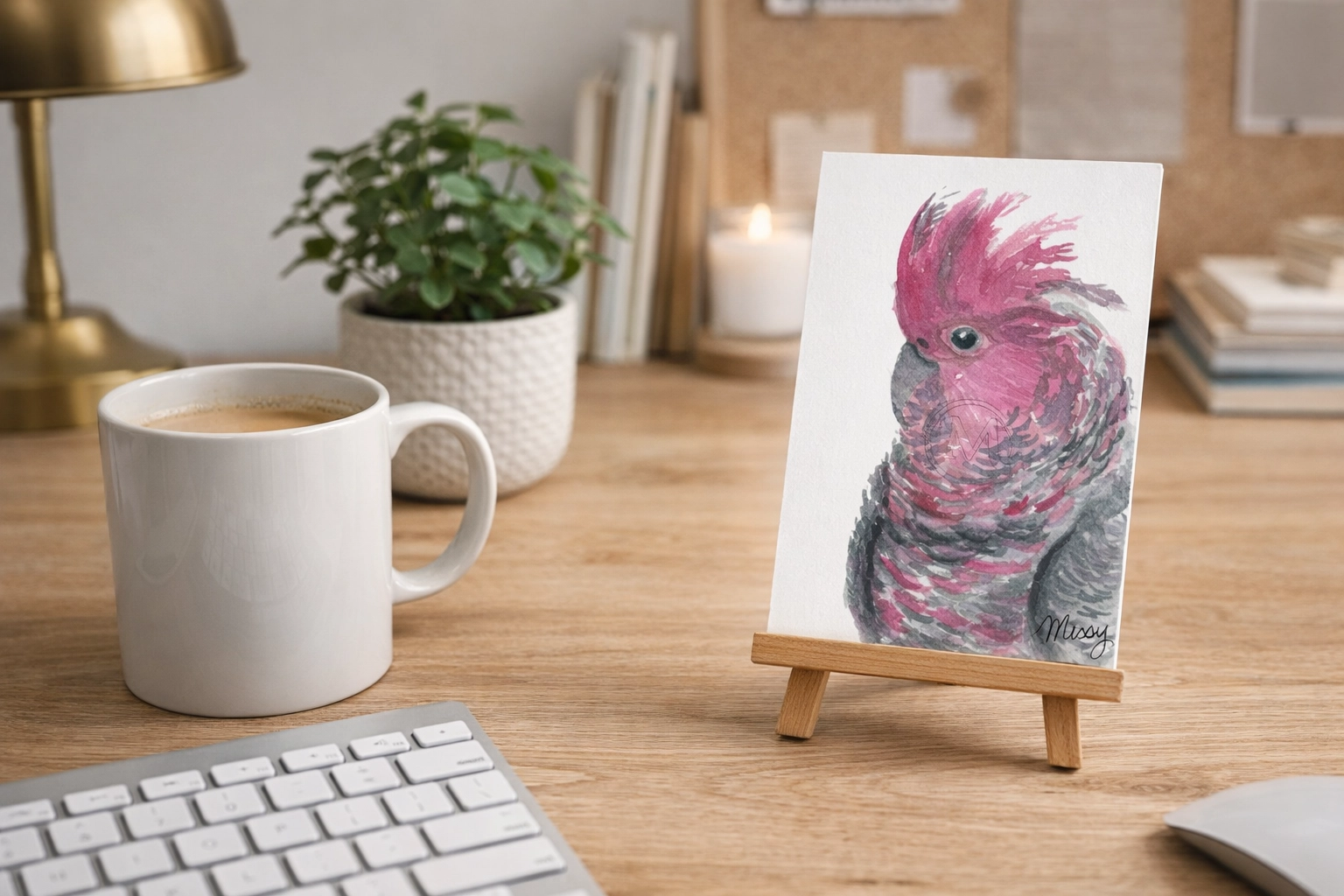 Major Mitchell’s Cockatoo print mockup on a cozy desk