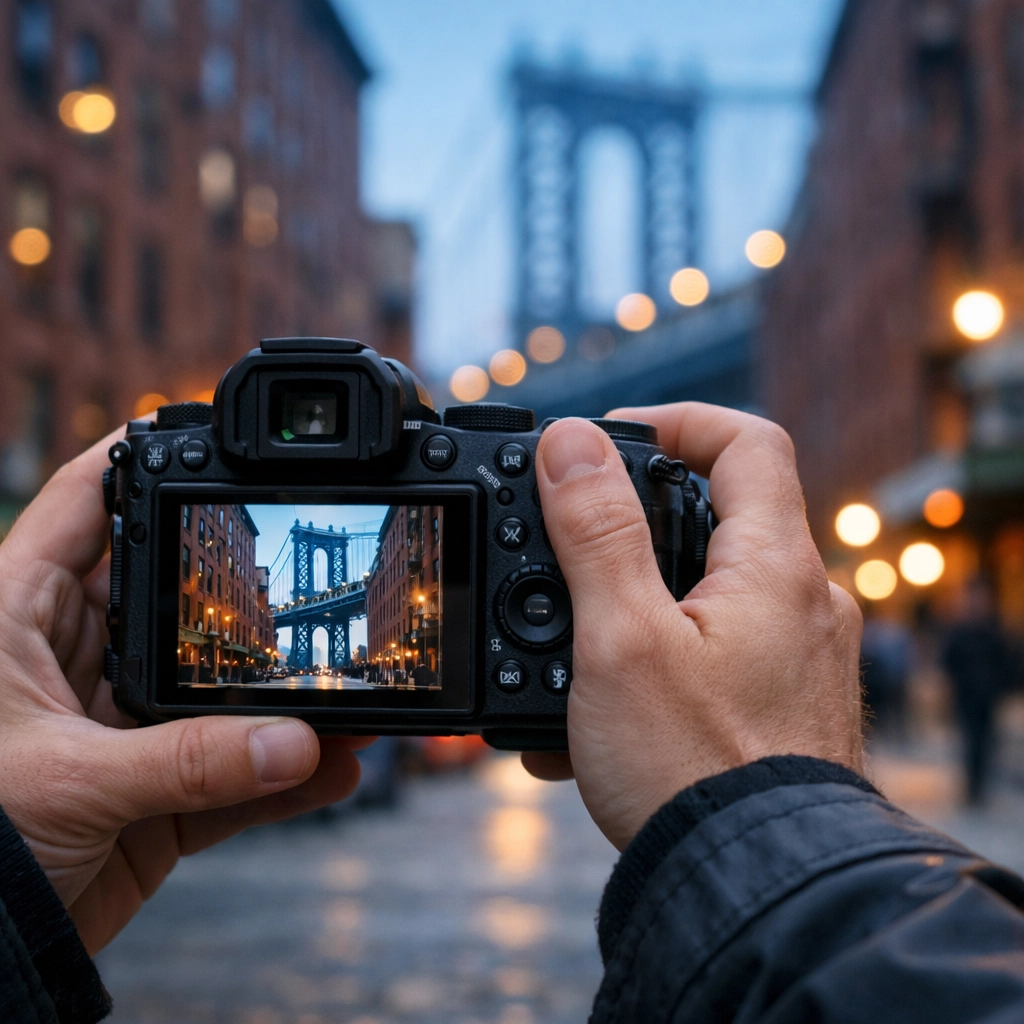A photographer captures the Manhattan Bridge from DUMBO, a prime New York City photography location at dawn.