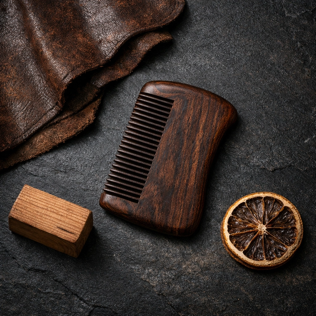 Professional beard grooming kit with a sandalwood comb and natural elements on a dark surface.