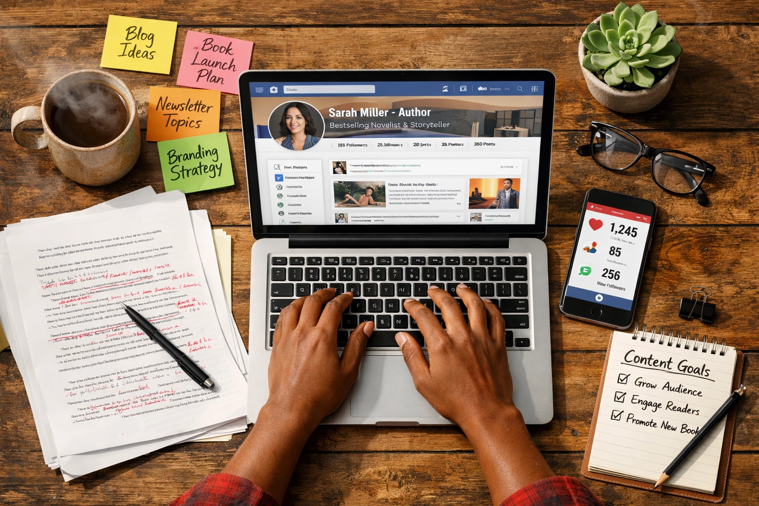 Writer's desk with laptop and manuscript showing author brand building through creative writing