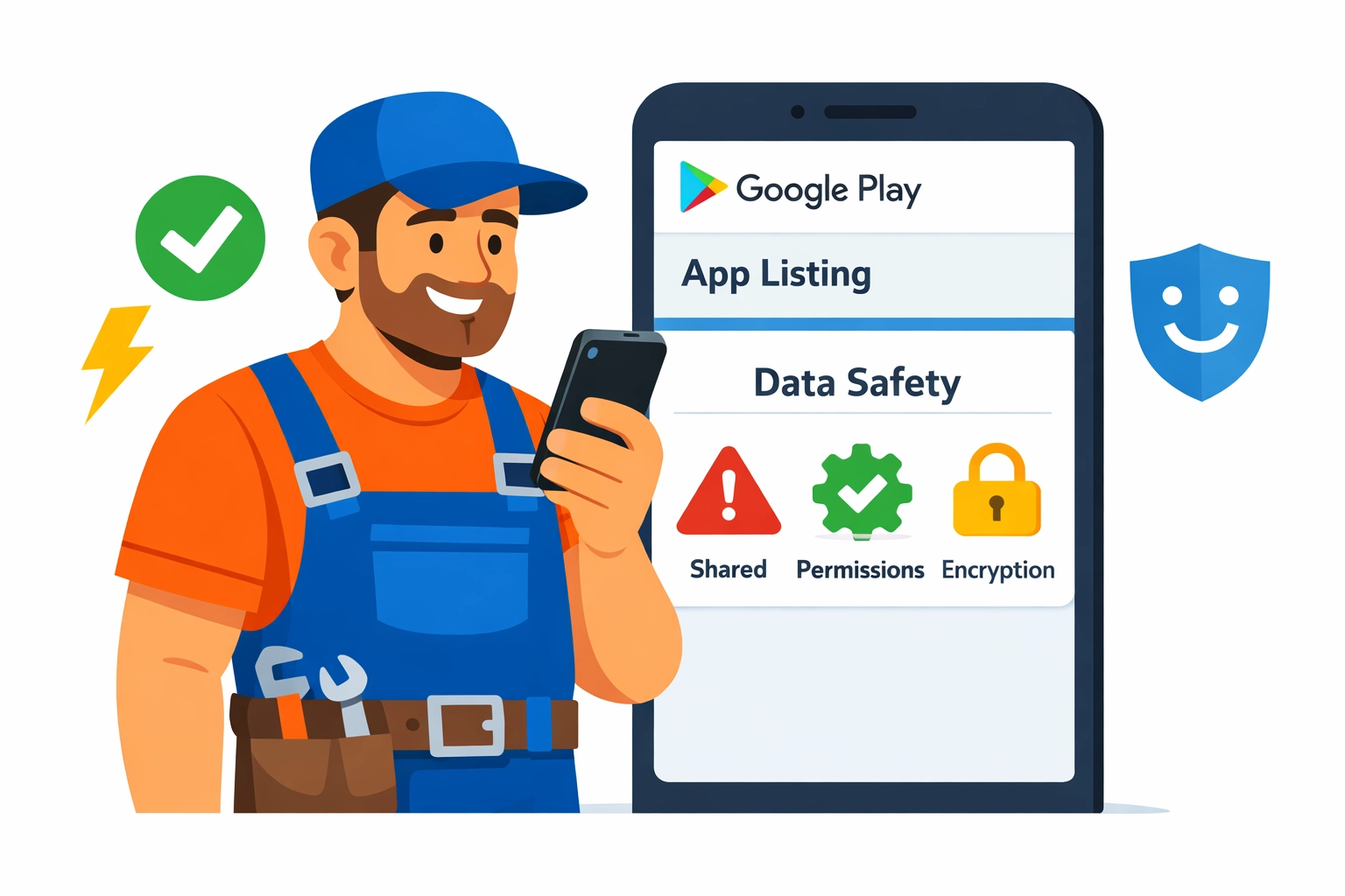 Illustration of a trade business owner reviewing a Google Play app listing and the Data Safety panel.