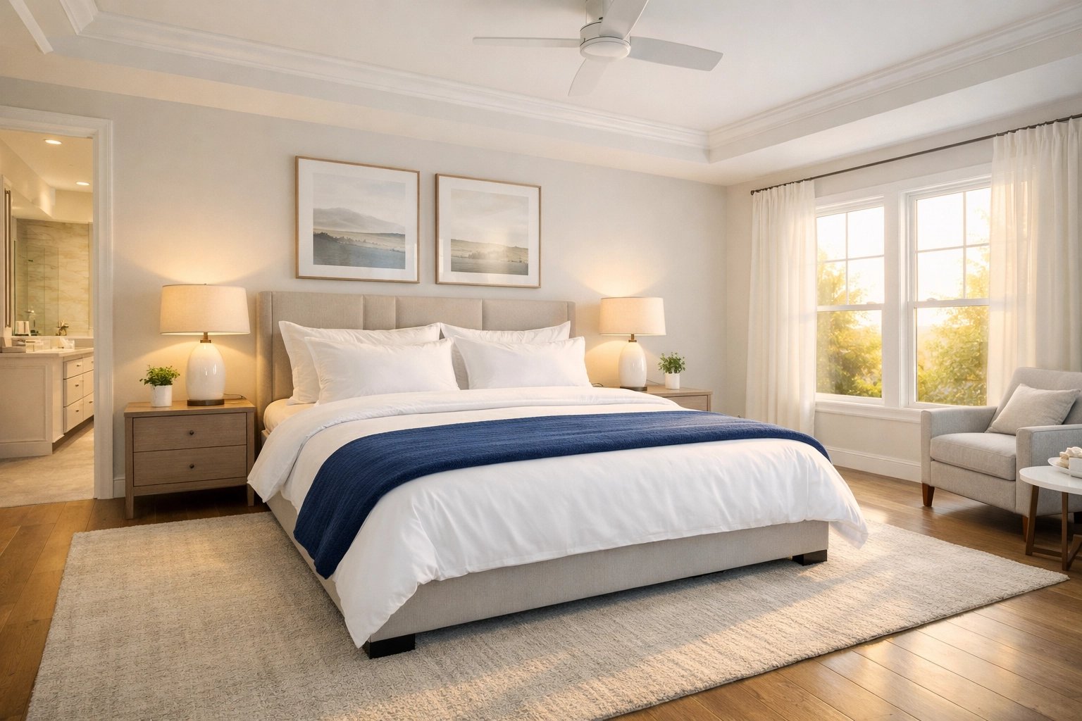 Perfectly sanitized and clutter-free master bedroom in Royalston MA demonstrating professional residential cleaning results.