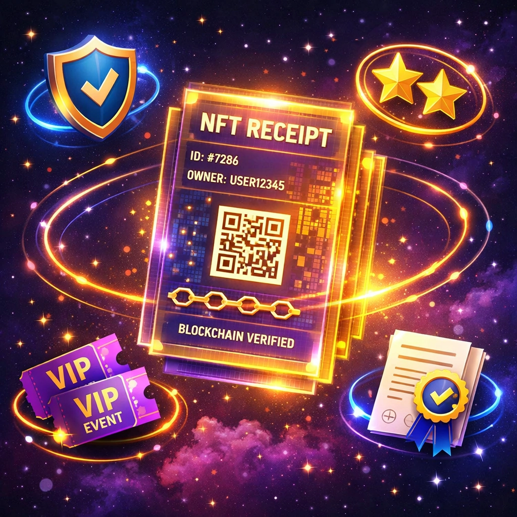 NFT receipt with loyalty rewards, warranty protection, and blockchain utility features