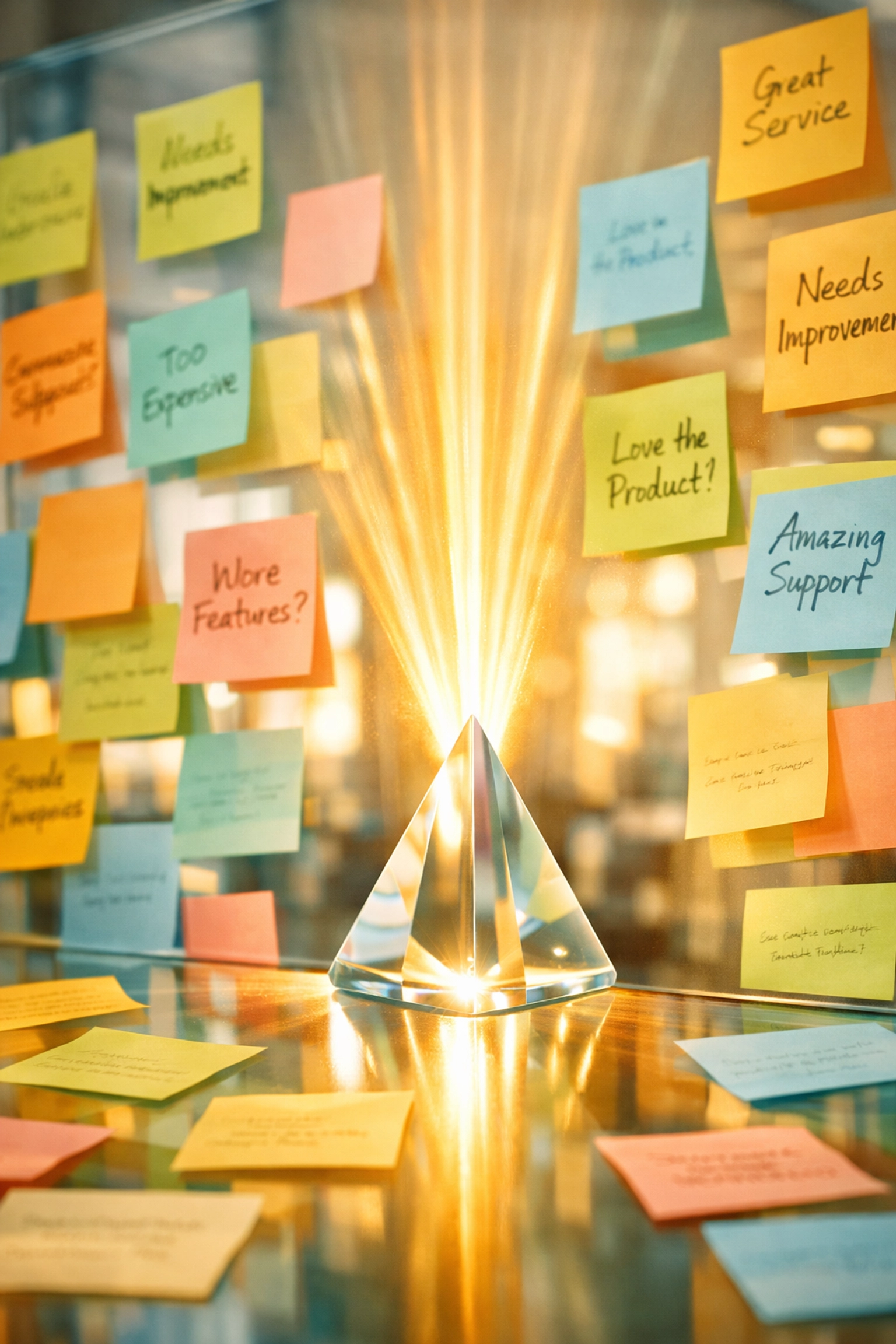 Artistic display of customer feedback notes representing the clarity of Google AI-generated review summaries.