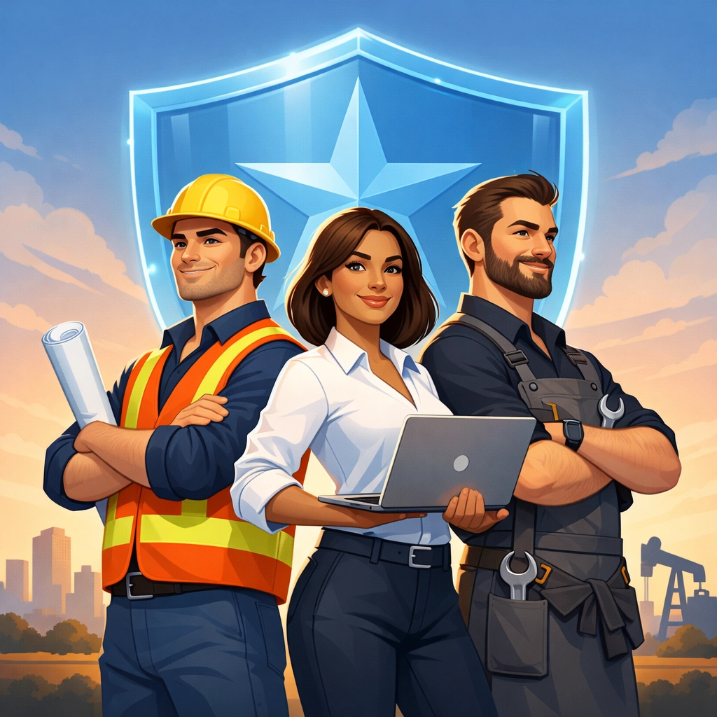 Emprendedores protegidos por un escudo de seguros en Texas, representando la compensación laboral y seguridad.