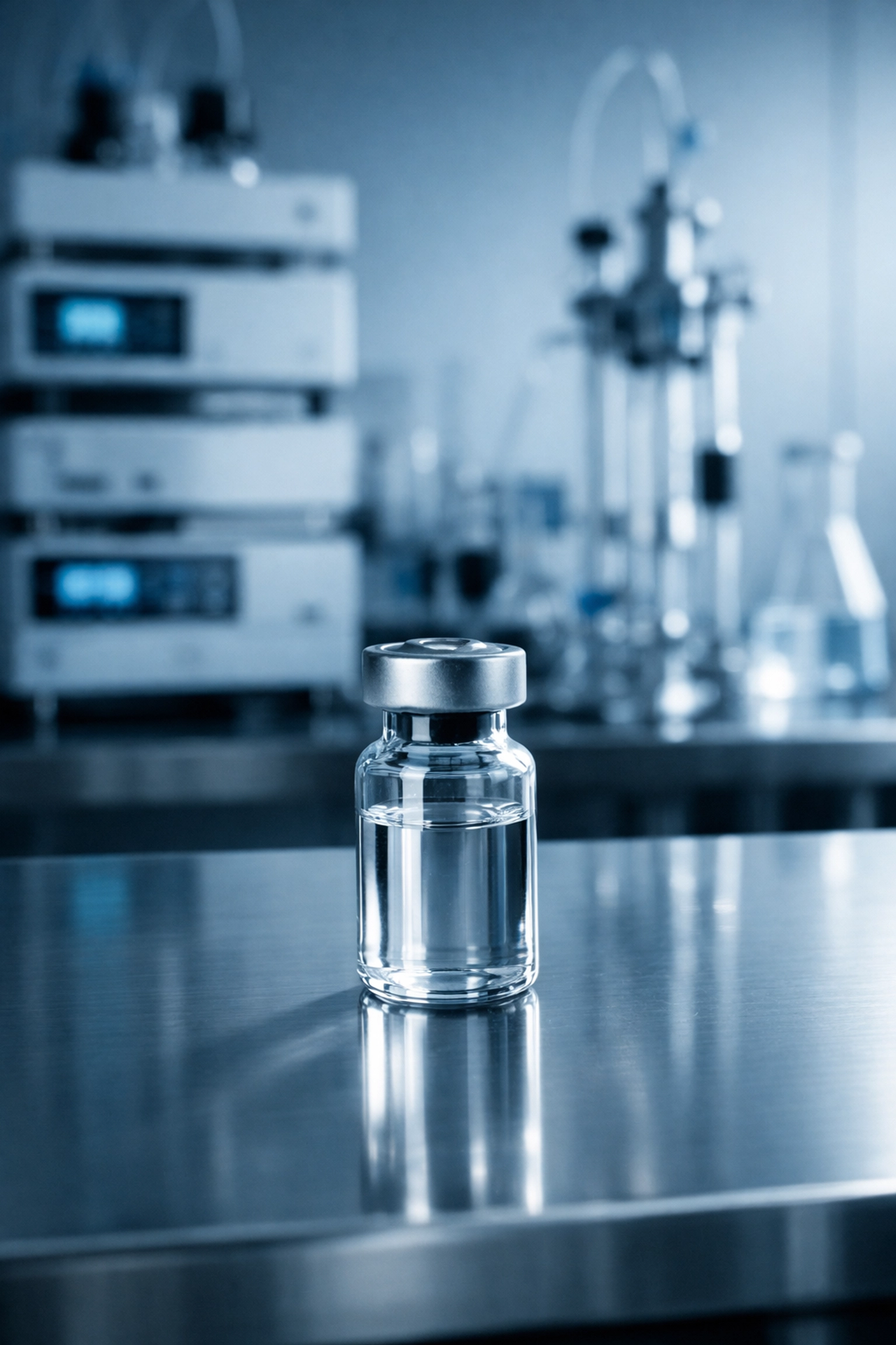 Sterile clinical laboratory setting with high-purity peptide vial representing 99% pure USA manufacturing.
