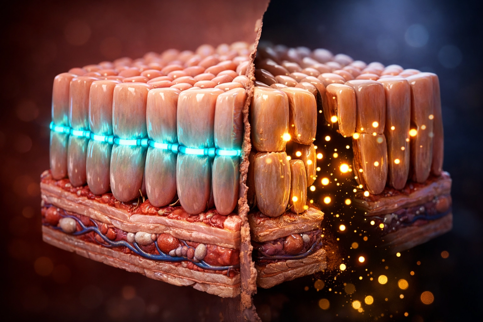 Cross-section of a human intestinal wall showing healthy tight junctions and leaky gut barrier gaps.