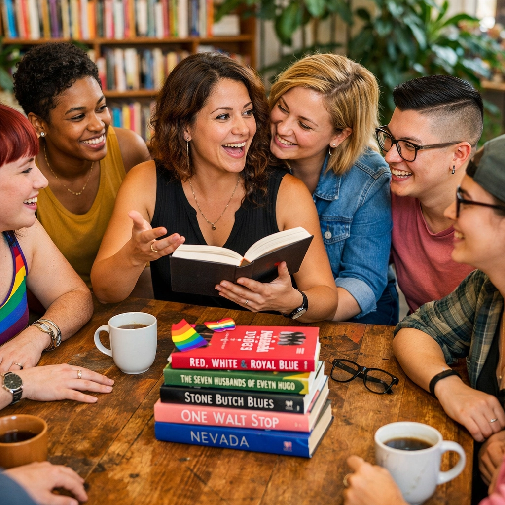 A diverse LGBTQ+ book club sharing queer literature, illustrating the community impact of inclusive storytelling.
