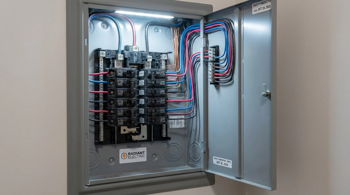 Close-up of electrical panel interior with breaker switches and wiring for winter safety inspection