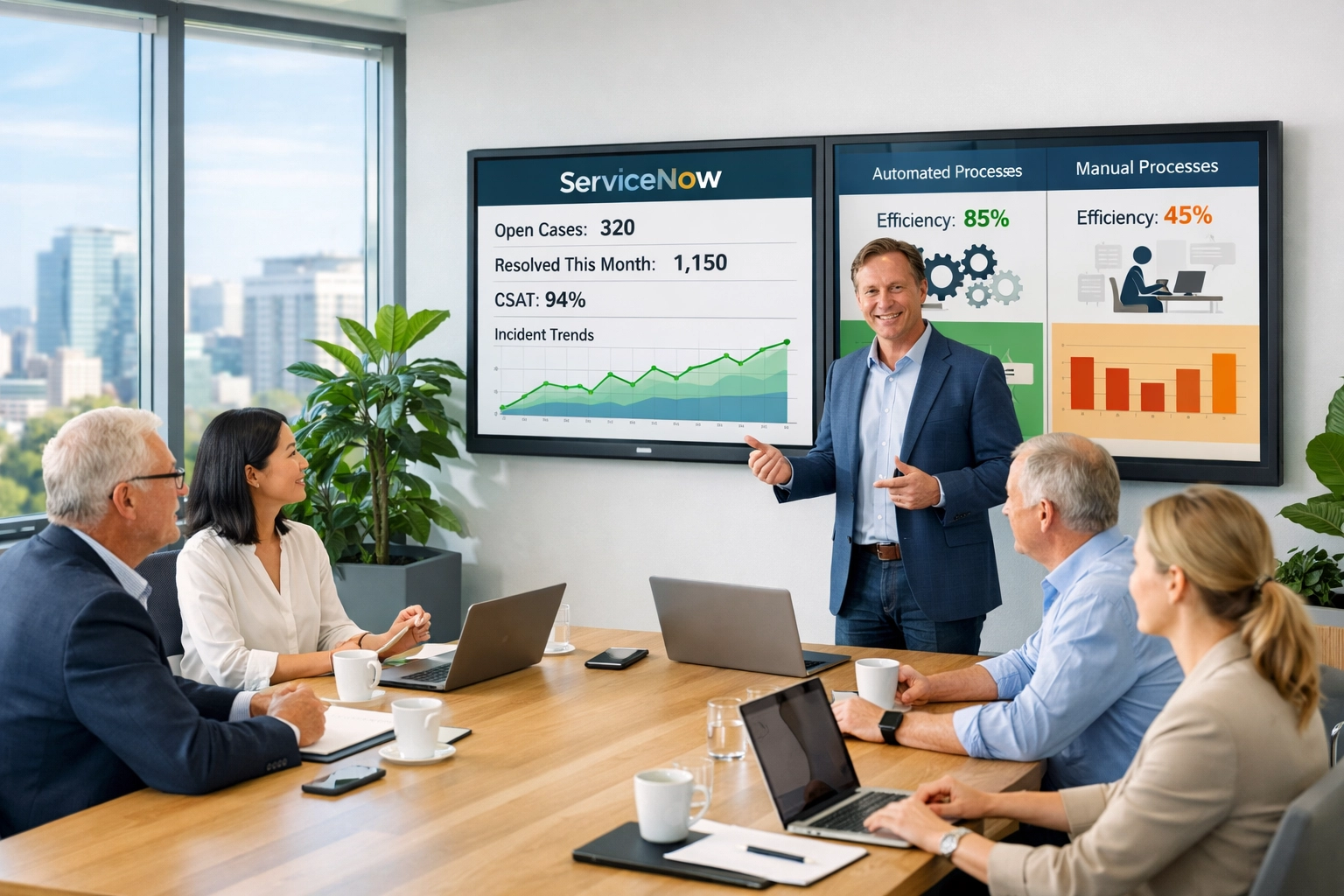 ServiceNow consulting team presenting ITOM automation metrics and ROI dashboard