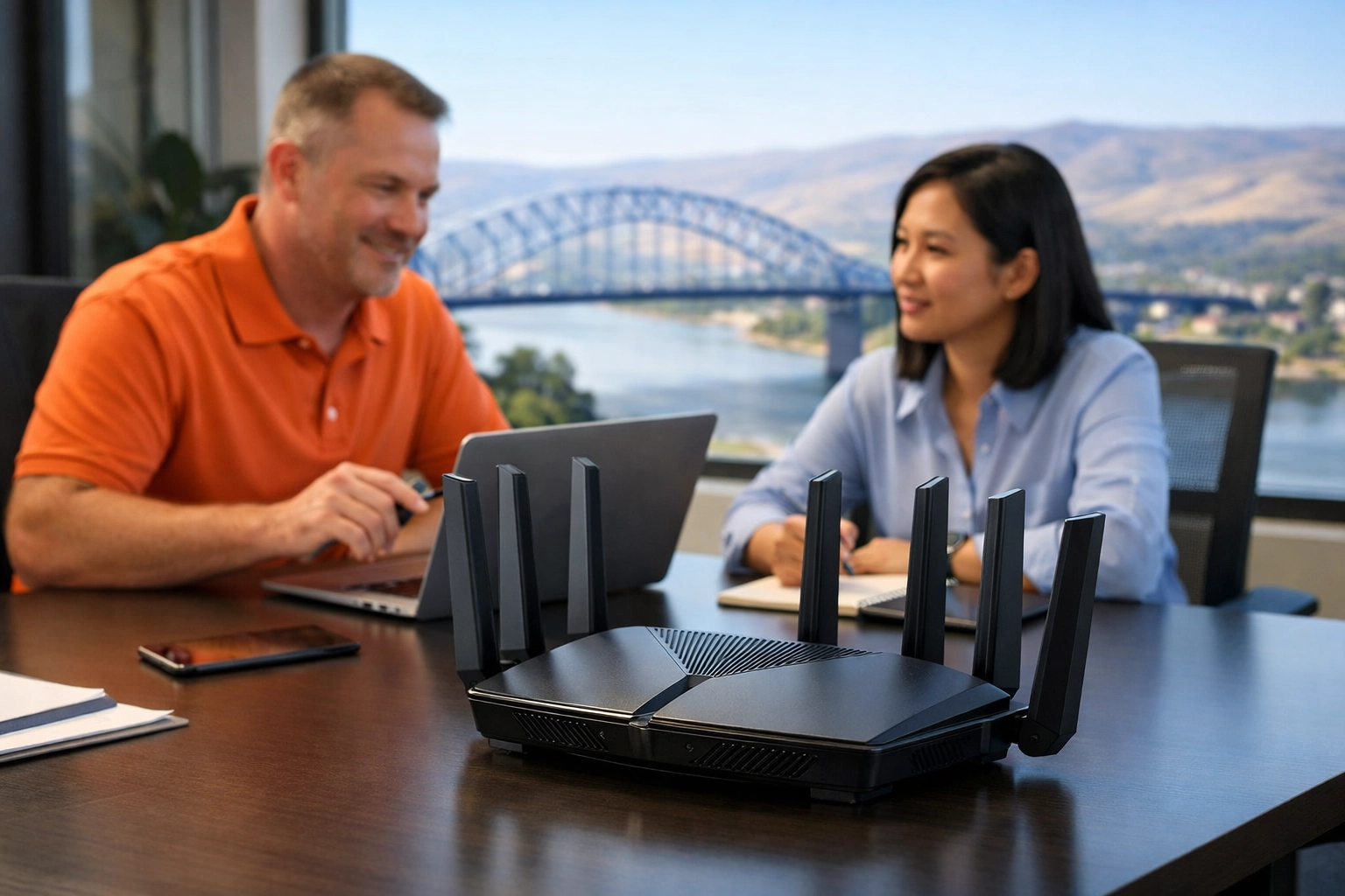 Rodeo Networks business internet in a Lewiston ID office with a high-tech Wi-Fi router and scenic river views.