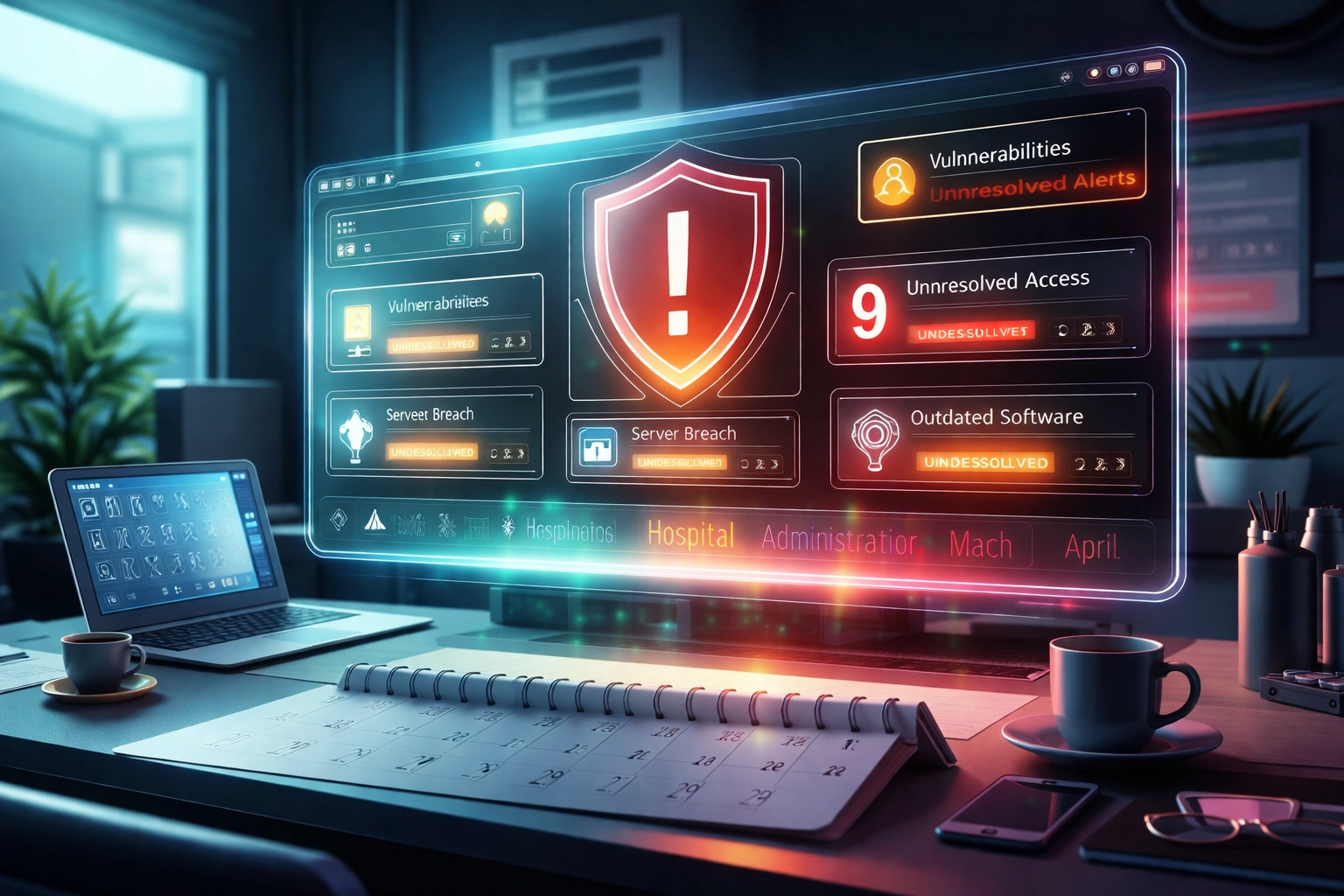 Hospital administrator reviews a security dashboard showing unresolved HIPAA vulnerabilities and risk alerts