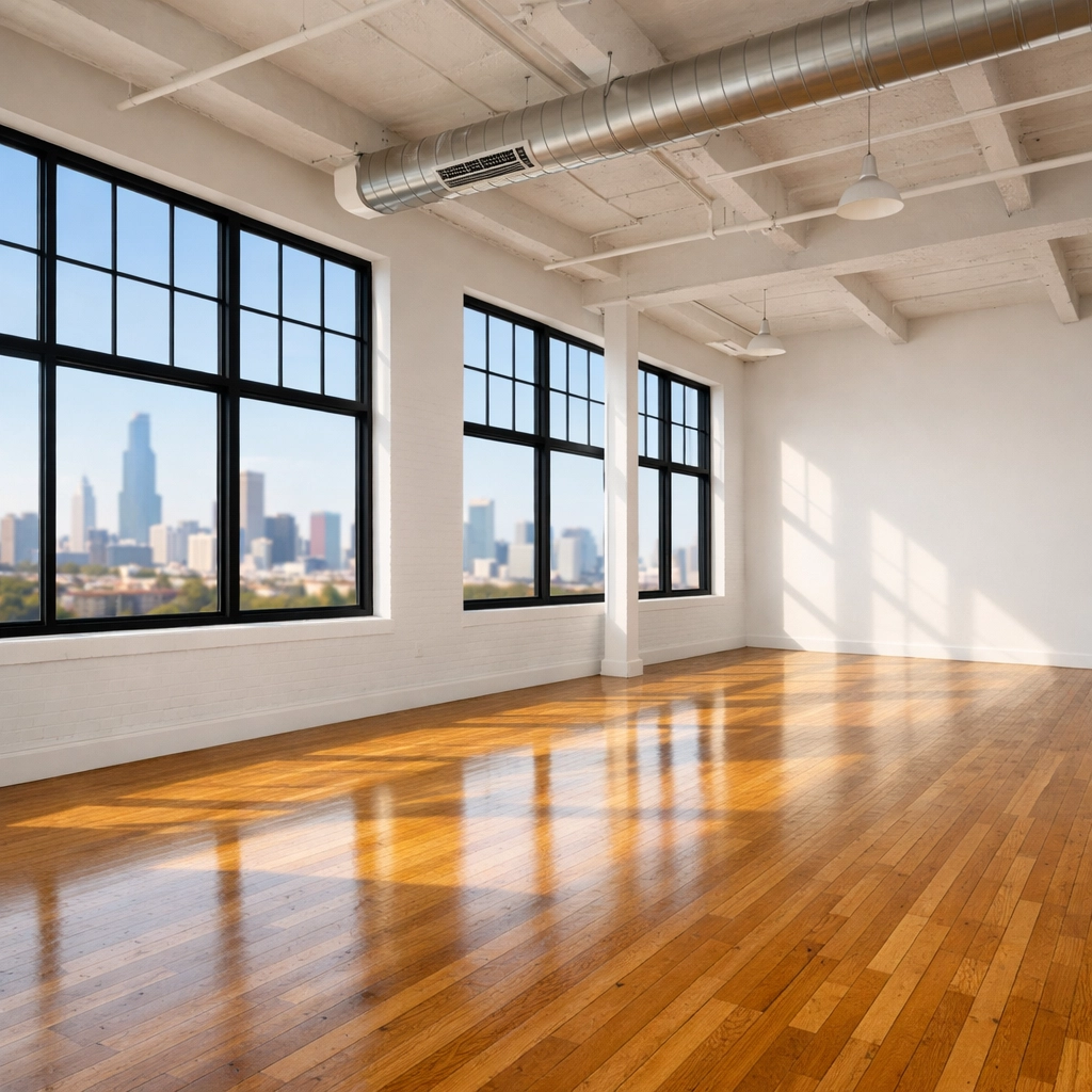 Professionally cleaned Chicago apartment with polished hardwood floors ready for a new tenant move-in.