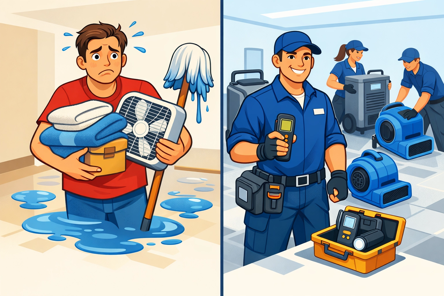 Comparison of DIY water cleanup with towels versus professional restoration equipment and team