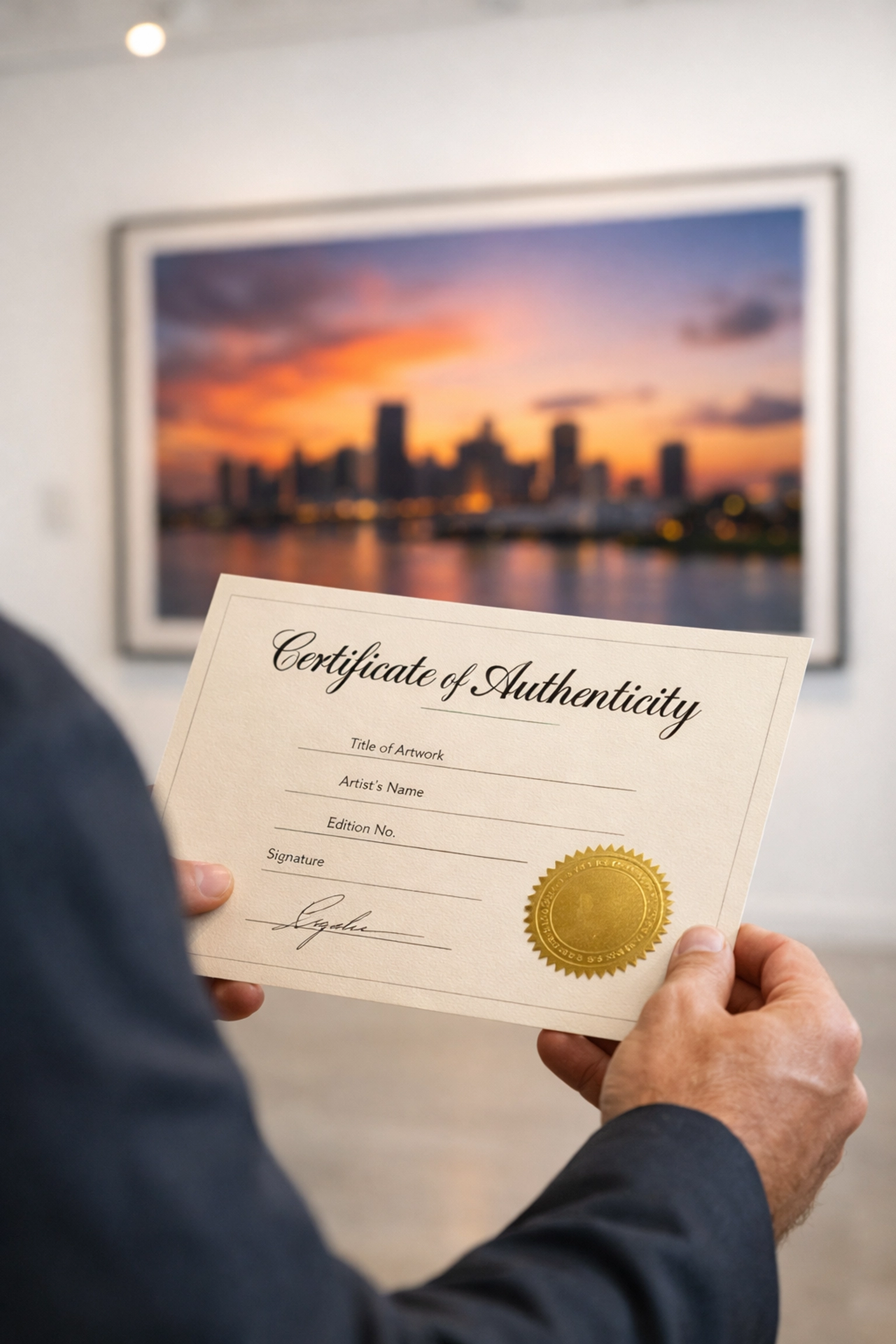 Collector holding a certificate of authenticity for fine art photography prints in a Miami gallery.