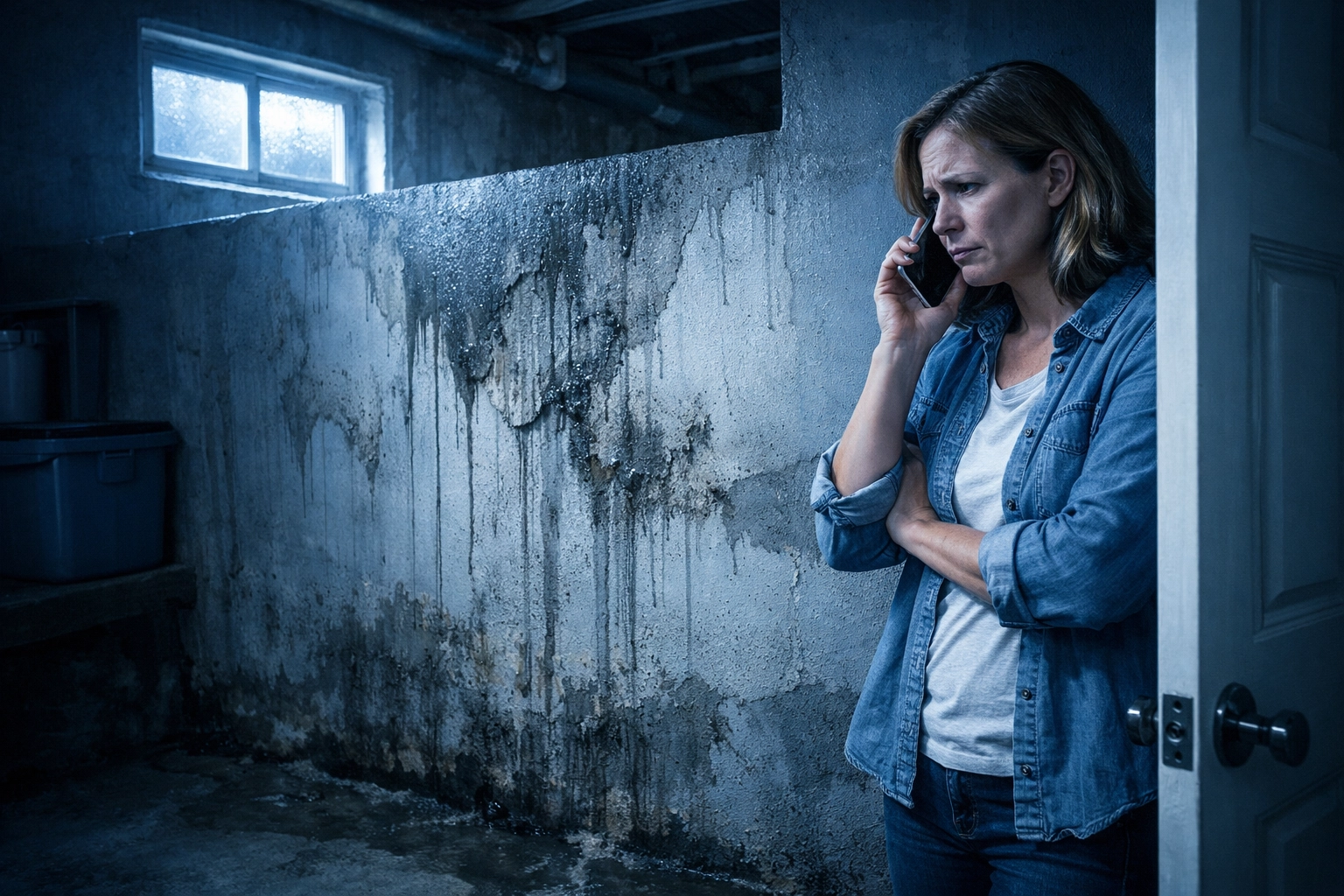Stressed homeowner discovering water damage in basement needing trusted restoration services