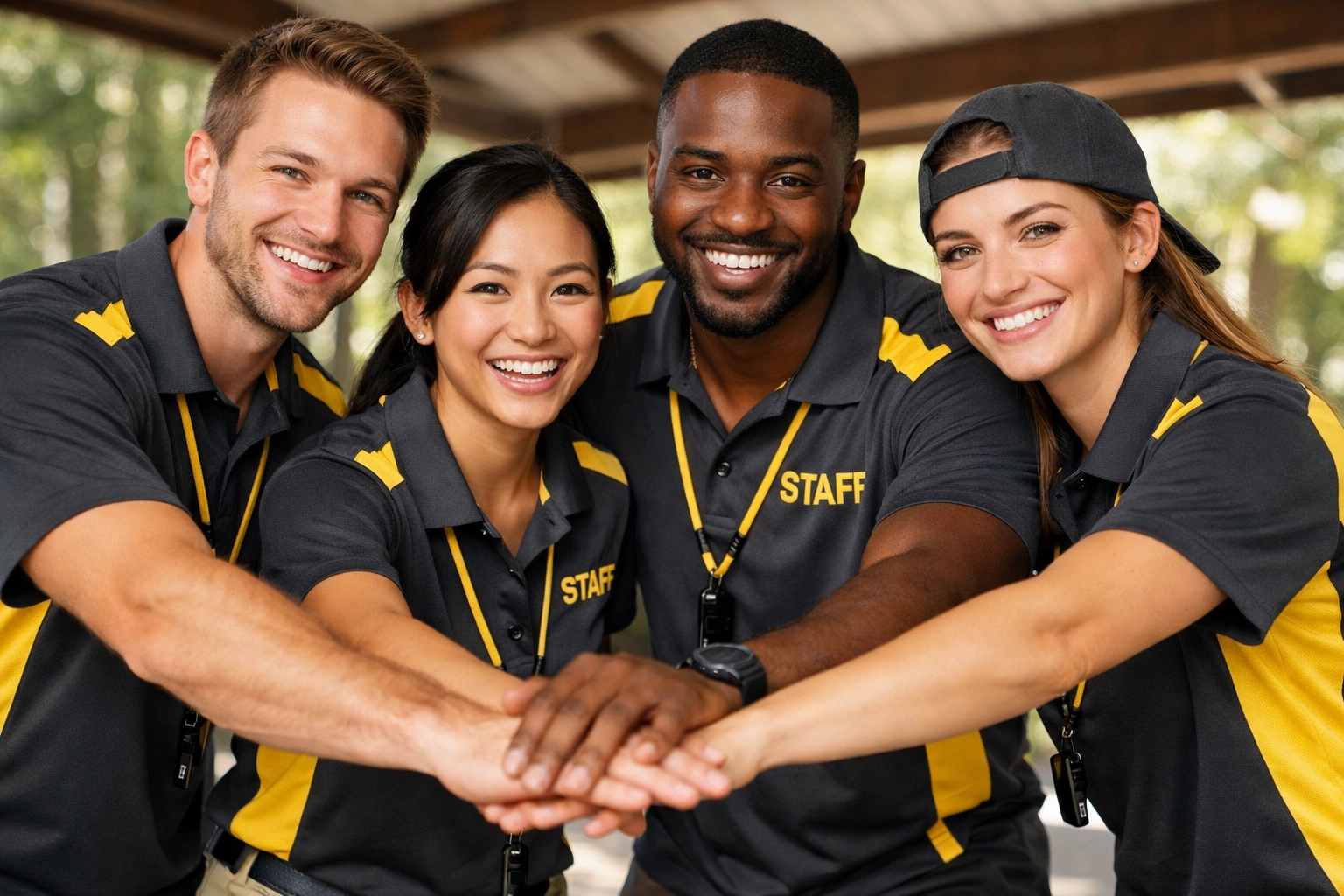 Professional camp counselors wearing matching custom staff shirts for a unified summer program look.