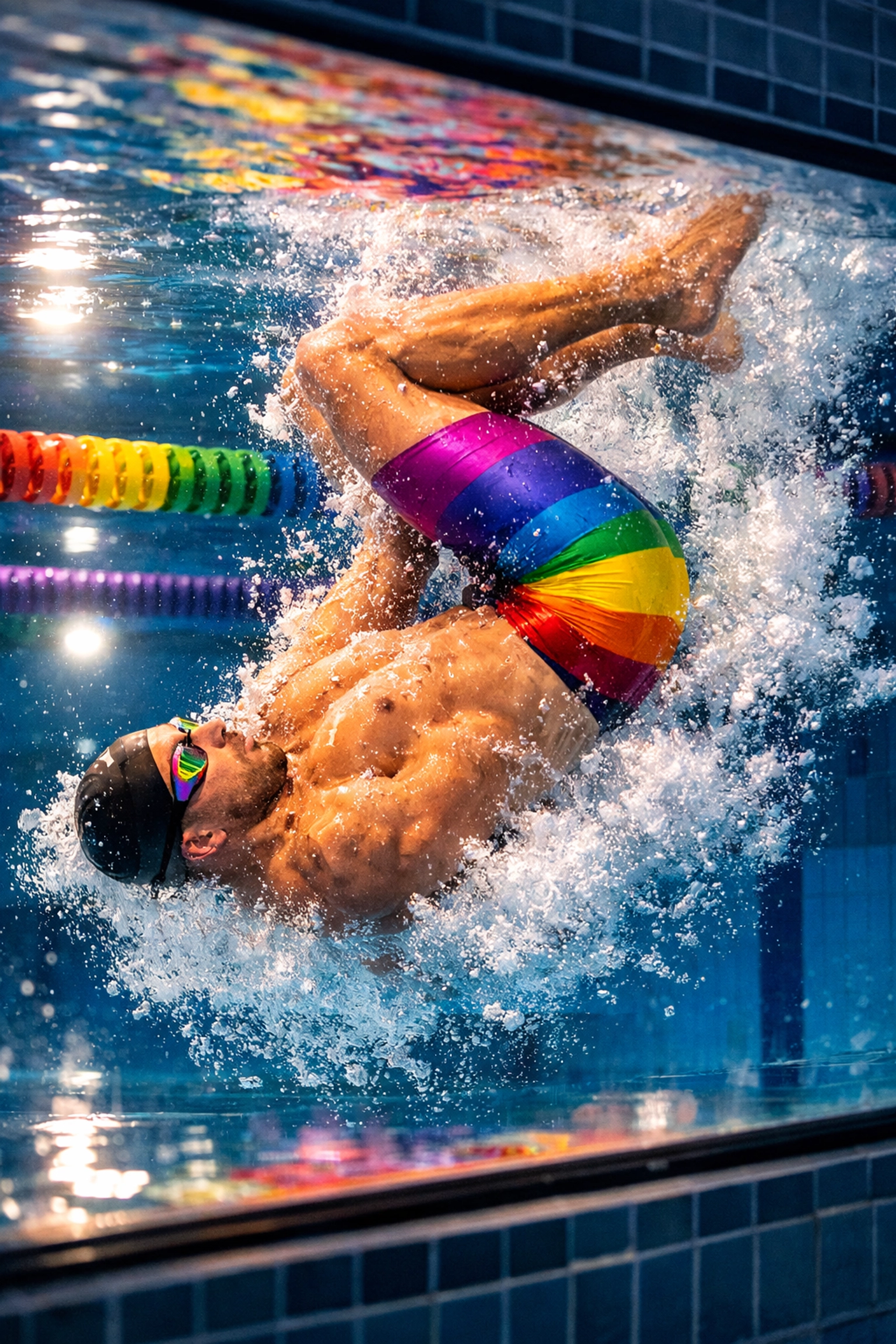 Competitive swimmer executing flip turn underwater during training session