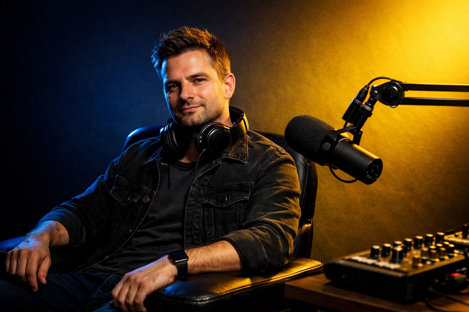 Professional podcast host relaxed in recording studio with production company setup