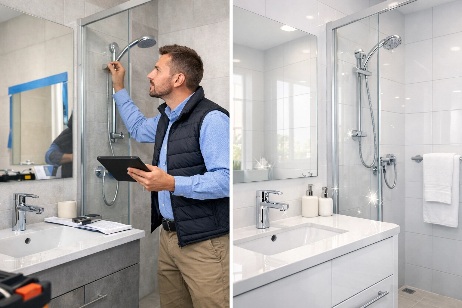 Property manager inspecting apartment bathroom during turnover cleaning quality check