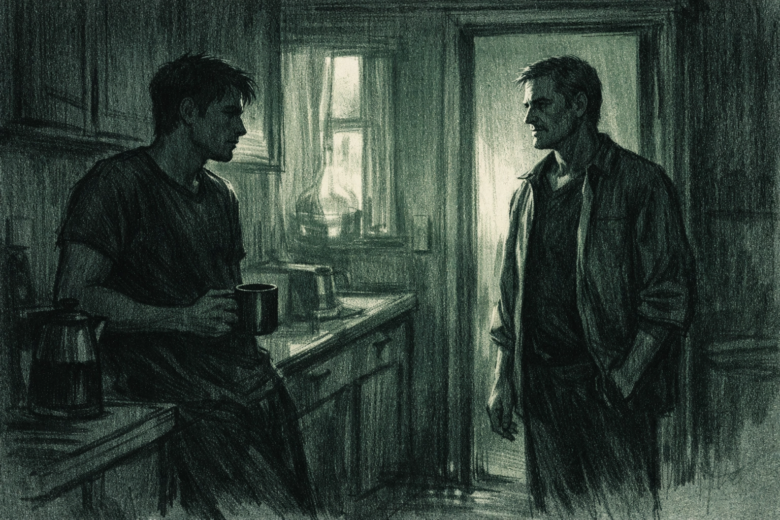 Step-son and step-father sharing intense morning glance in kitchen, forbidden gay romance attraction