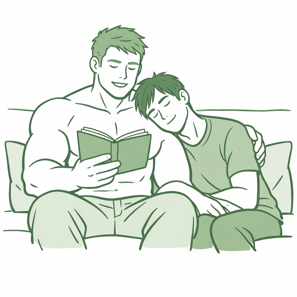 A muscular man reading an MM romance book to his partner, highlighting emotional vulnerability and masculinity.