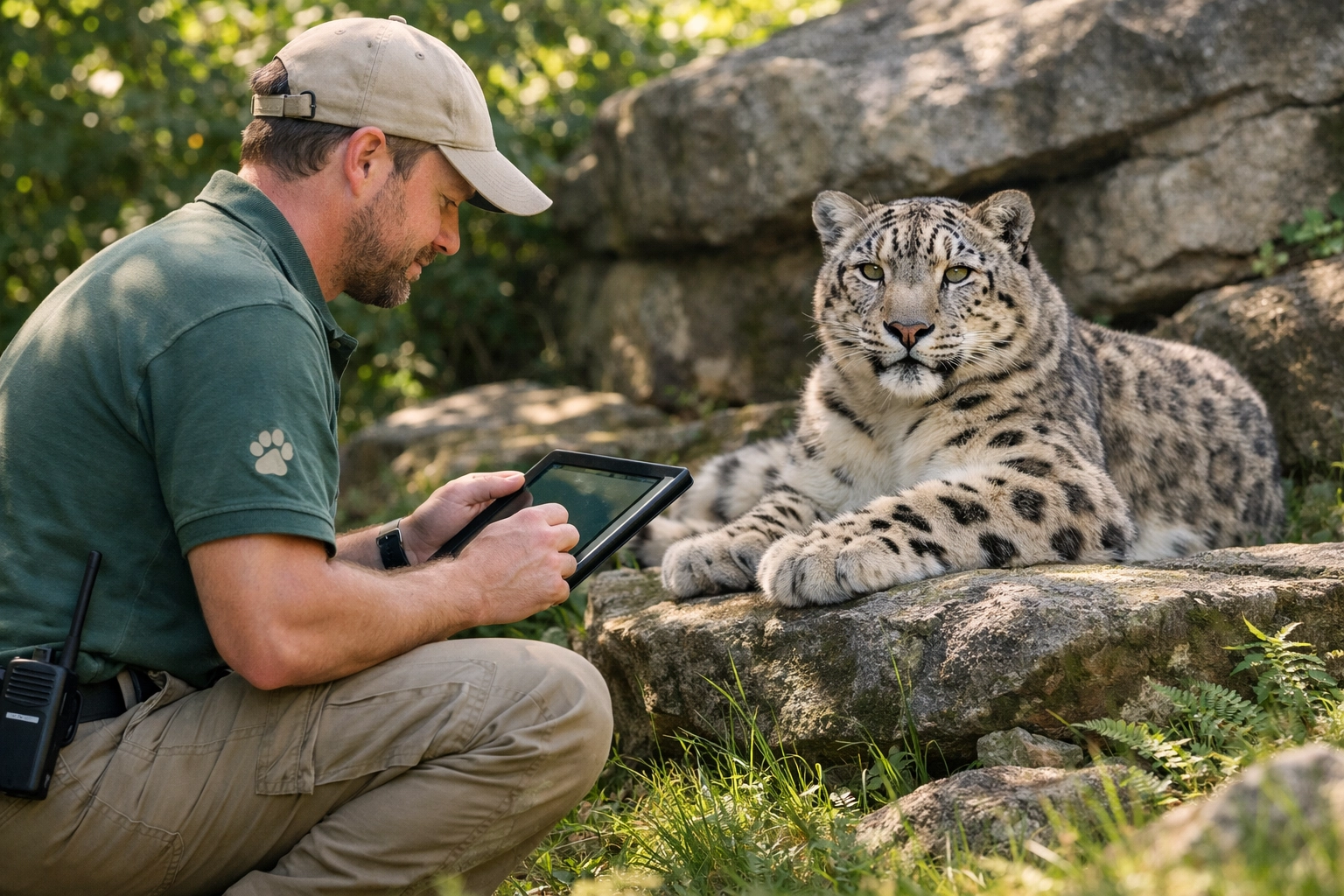 Zookeeper tracking data near a snow leopard in a lush zoo habitat for conservation storytelling.