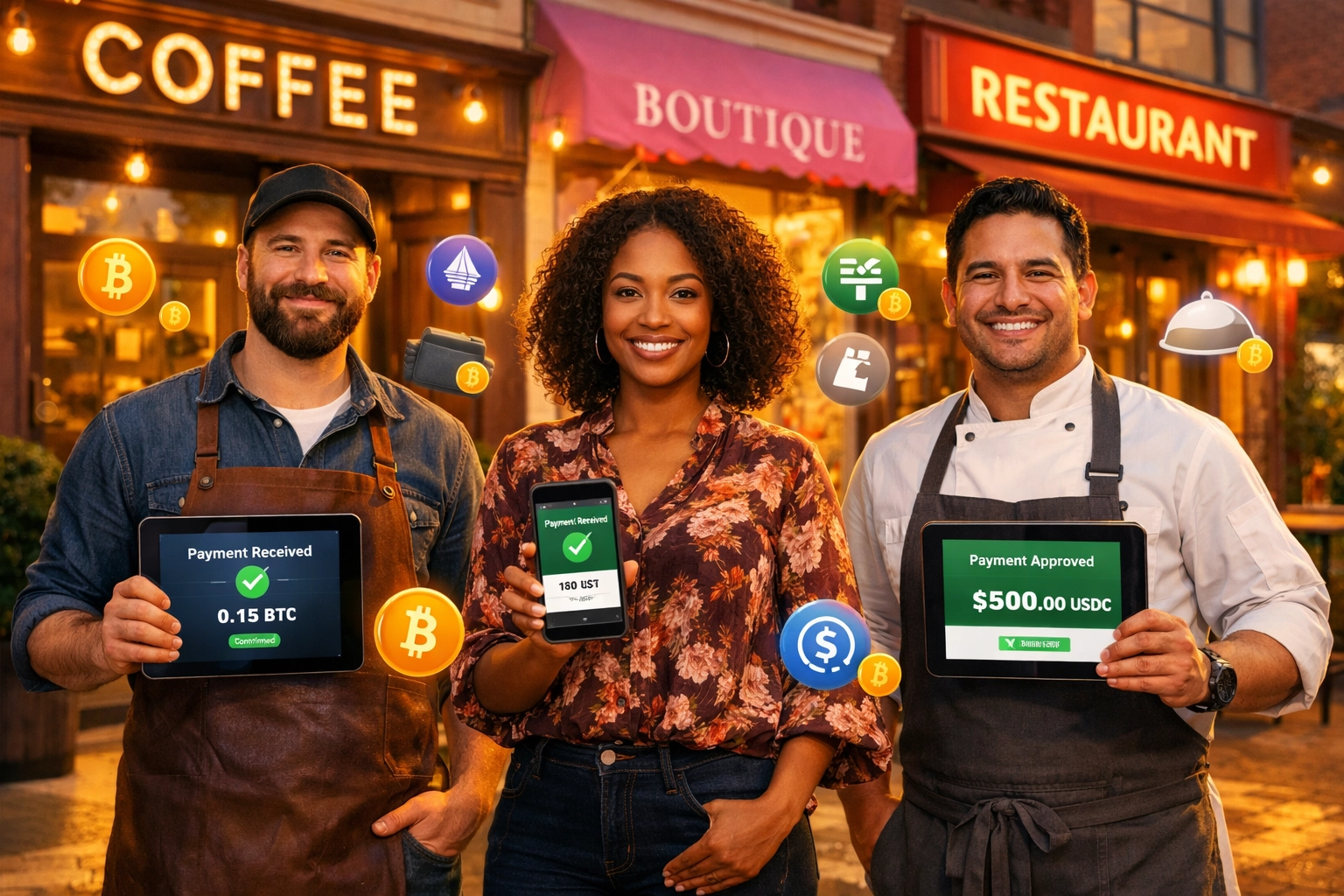 Small business owners accepting cryptocurrency payments with self-custody wallets and crypto POS systems
