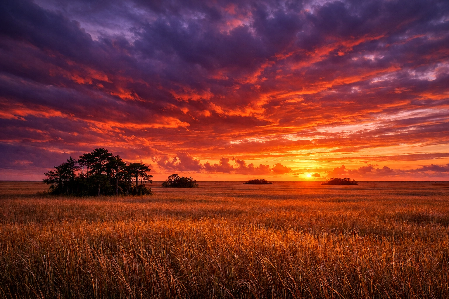 Colorful sunset over the sawgrass prairie at Pahayokee Overlook in Everglades National Park.