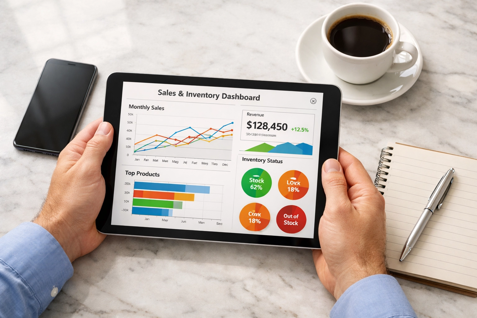 EPOS system dashboard displaying sales data and inventory management on tablet